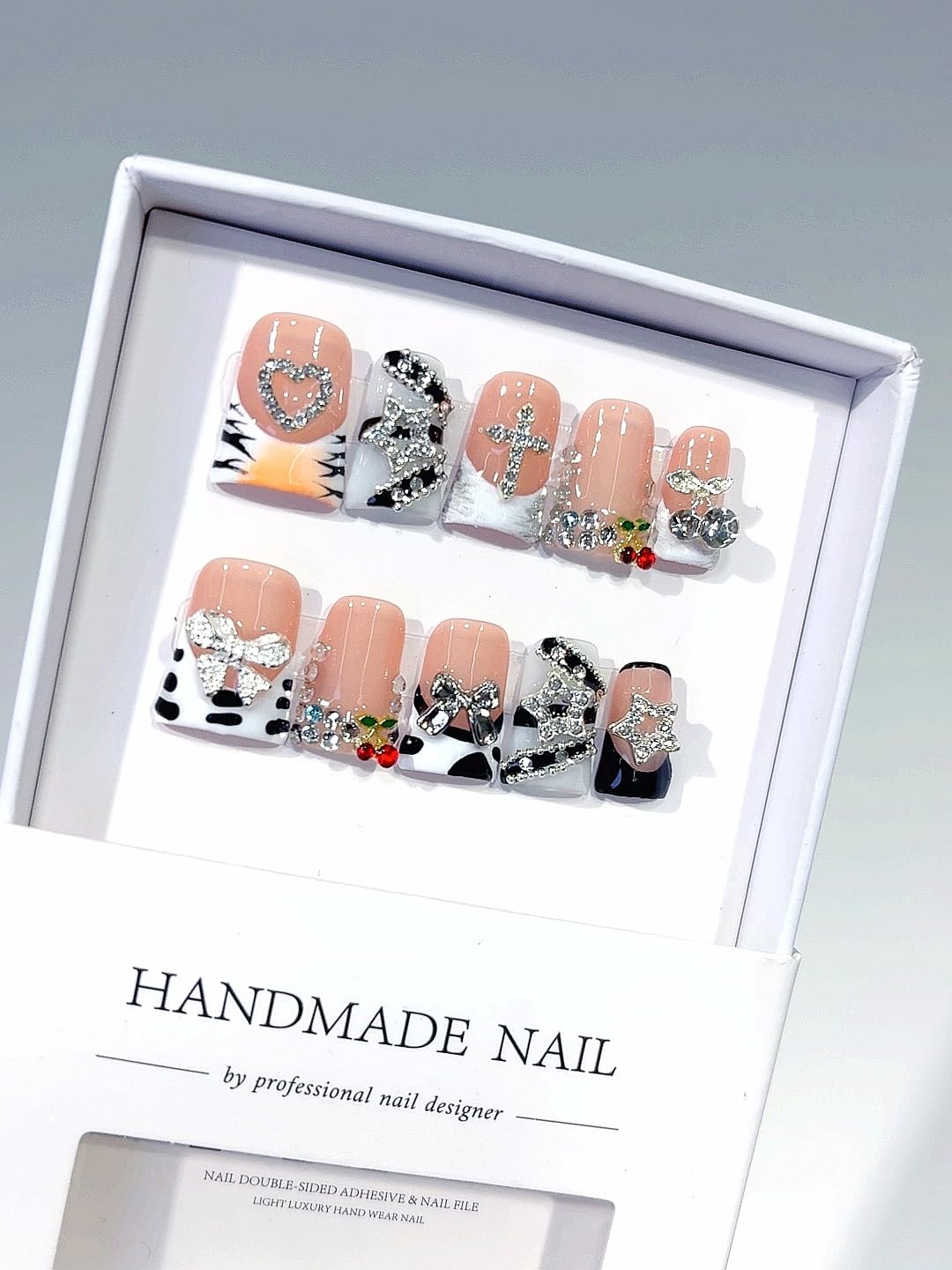 Handmade Press On Nails Set, Pink Cow Print Design with Rhinestone Heart Cross Cherry Decorations, Stiletto Shape False Nails, 10 Pieces (L260, Long)