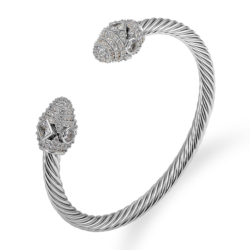 WCB1FPu Stainless Steel Cable Wire Open Cuff Adjustable Size Bangle Zircon inlaid Bracelet (6)