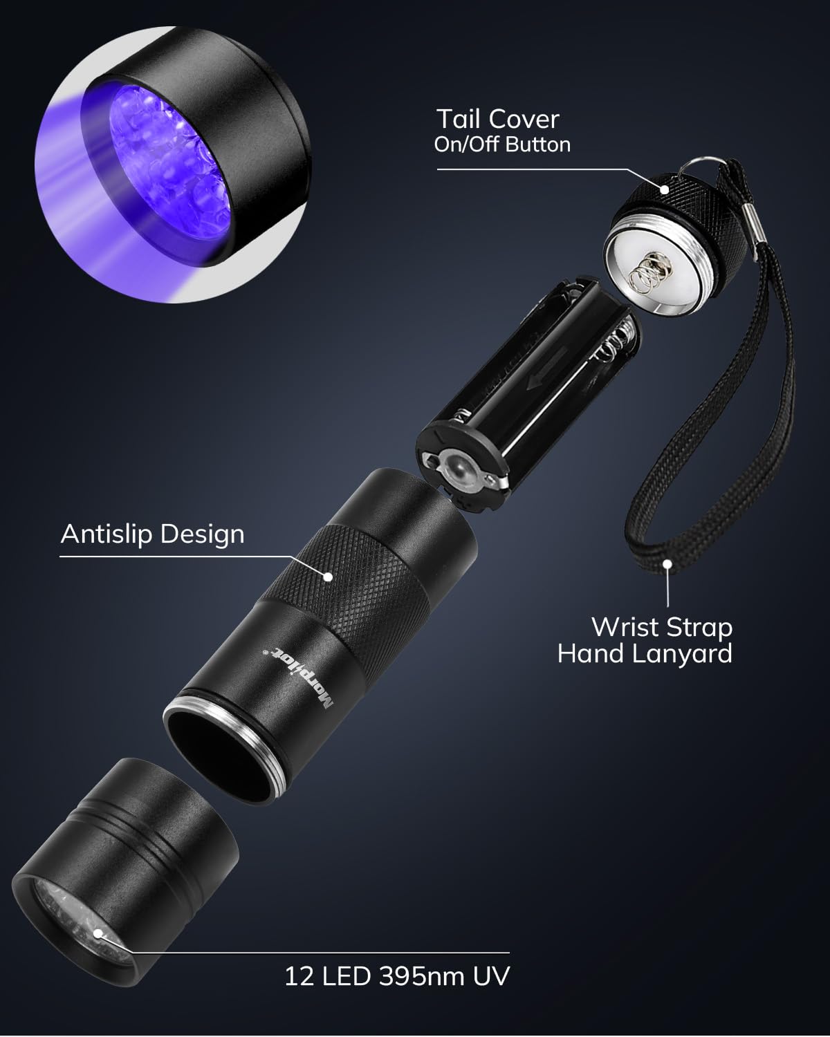 Morpilot UV Blacklight Flashlights - 12 LED 395nm Ultraviolet UV Flashlight, 2 PCS Blacklight Mini for Pet Urine Detection, UV Light for Stains, Bed Bugs, Resin Curing, Scorpions (Batteries Included)