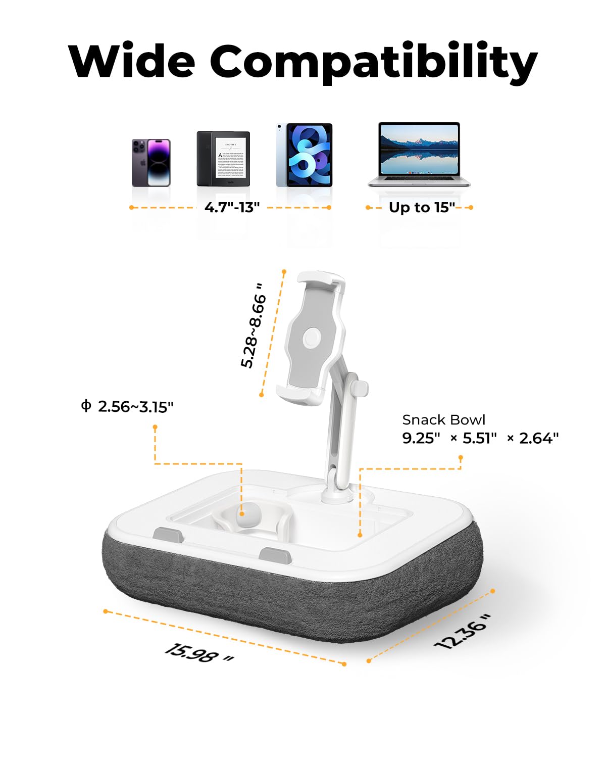 SupeDesk Laptop Lap Desk, Adjustable iPad Holder for Bed, 360° Swivel Tablet Arm, Laptop Desk with Mouse Pad, Snack Bowl & Cup Holder, Fits 4.7–13” Tablets & 15” Laptop
