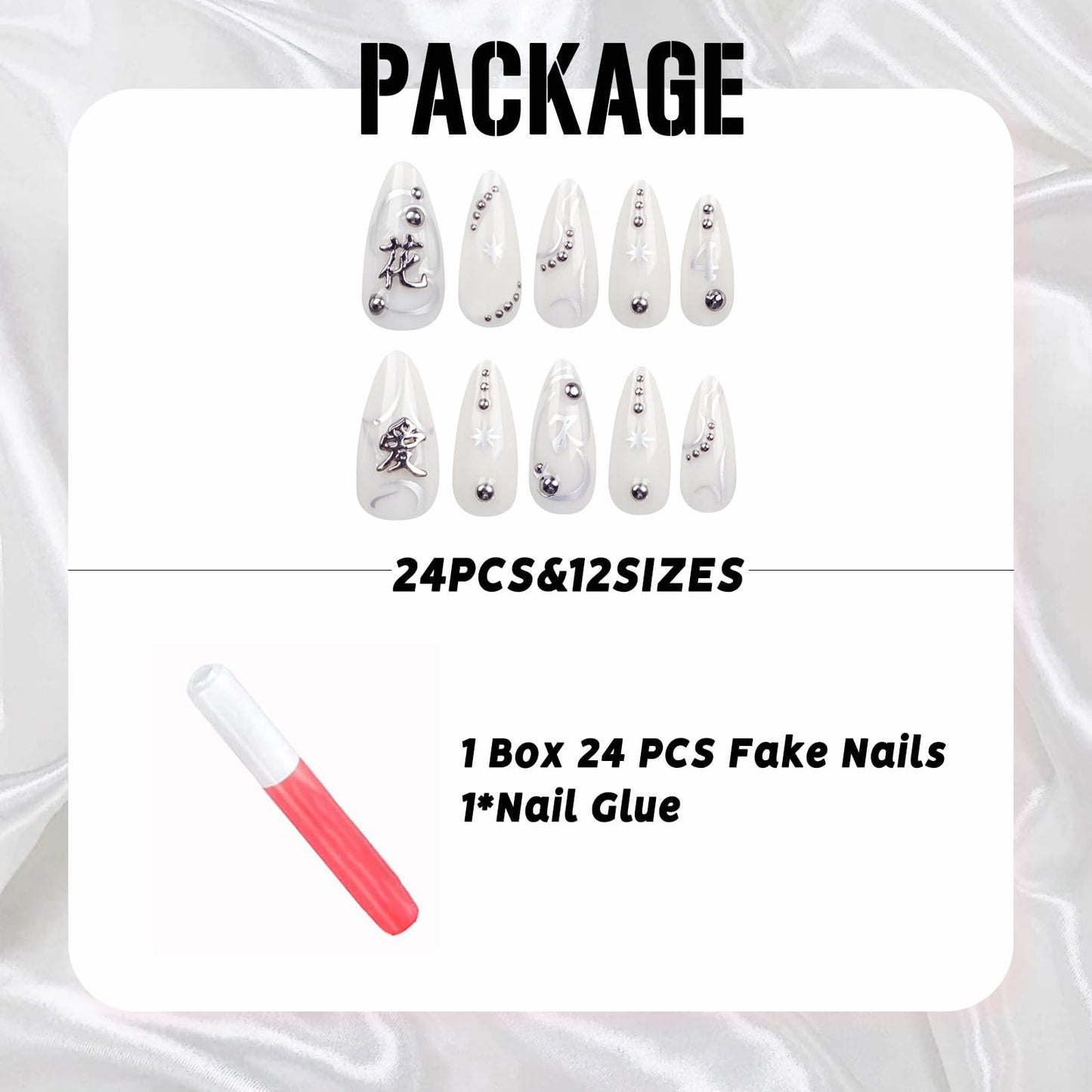 IMSOHOT Almond Press on Nails Medium Fake Nails White Glossy Acrylic False Nails with Metal Charms Designs Full Cover Silver Flame Stiletto UV Artificial Nails for Women and Girls