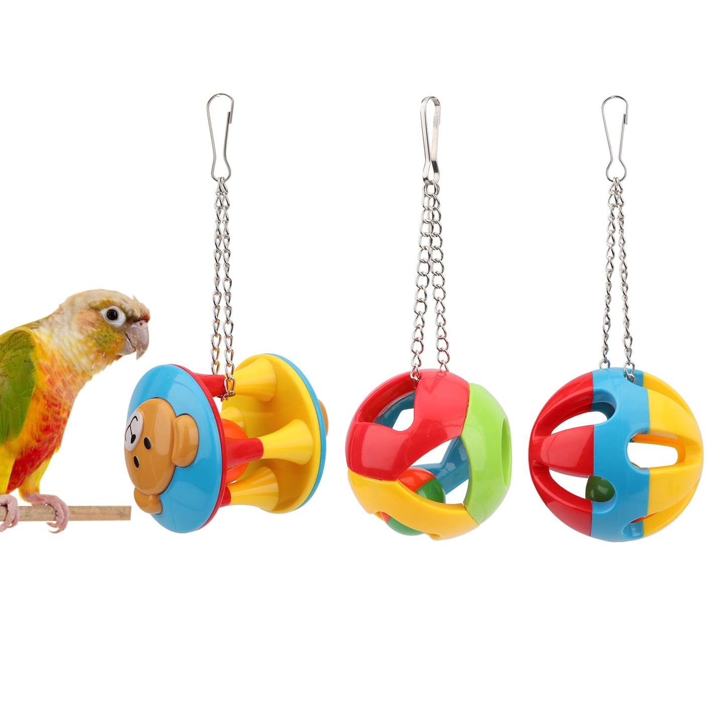 Hypeety Parrot Colorful Ball Toys with Bell Cage Hanging Chewing String for Parakeet Conure Cockatiel Small Medium Birds (A+B+C)