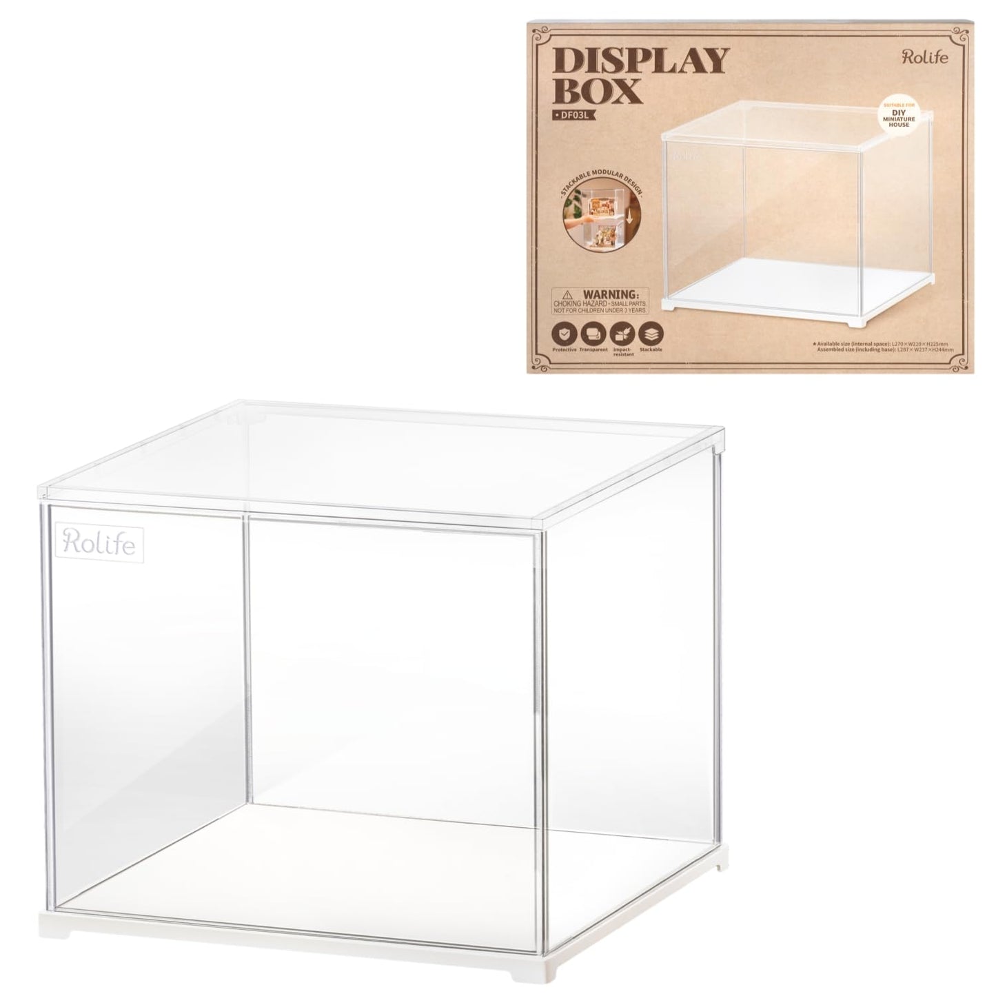 Rolife Acrylic Display Case Dust Cover for Collectibles, Stackable Showcase Dustproof Protection with White Base with Door for Shoes,Books,Toys,Collectibles Memorabilia Figurines(11.3''x9.6''x9.3'')