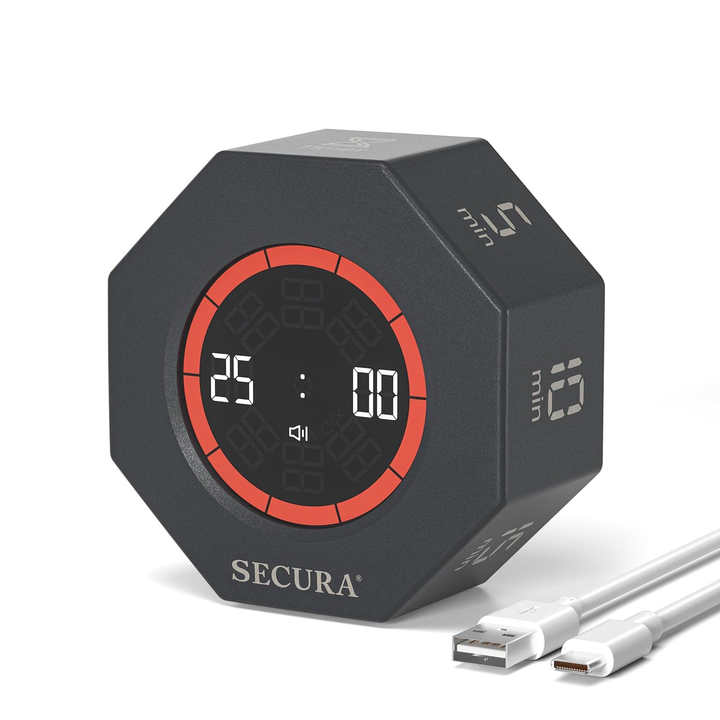 Secura Pomodoro Timer, Rotating Cube Time Tracker, Flip Gravity Sensor with 7 Presets(5/10/15/20/25/50/90 Min), Visual Progress Bar for ADHD, Kids, Tasks, Work, Study (Dark Gray)