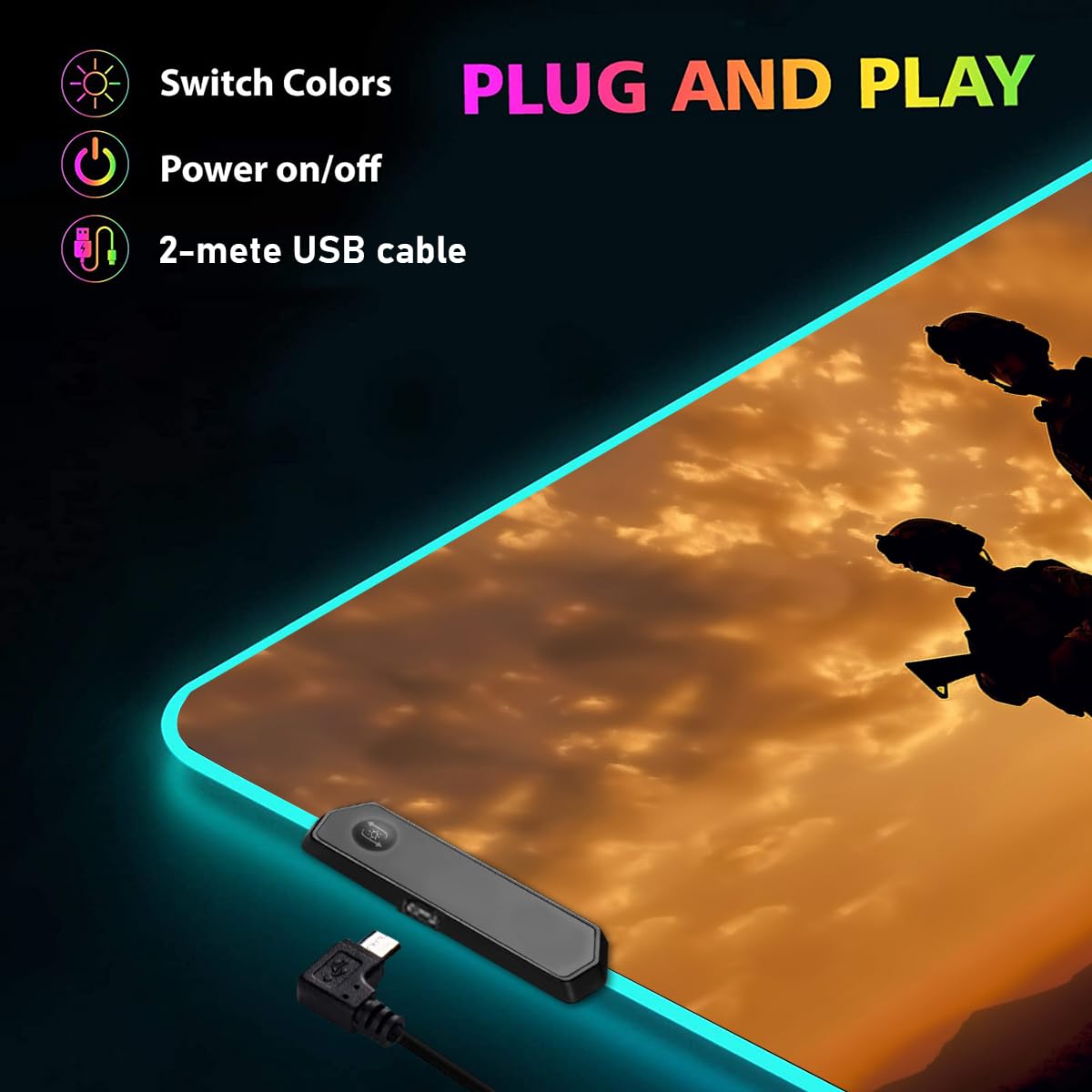 ZOXOHO RGB Gaming Mouse Pad with Coffee Coaster, Large Glowing LED Mouse Pad, Anti-Slip Rubber Base Computer Keyboard Desk Mouse Mat 31.5 X 11.8 Inch, American Army Troops Military