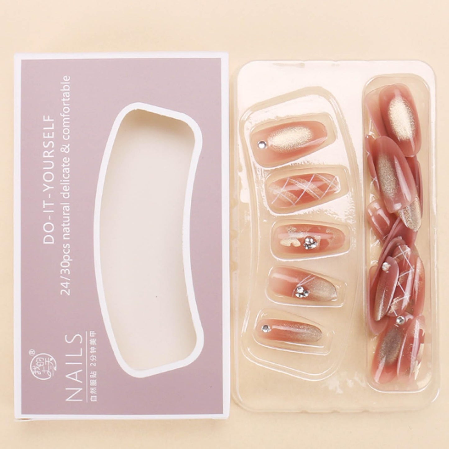 Hkanlre Bling Fake Nails Tips Lattice Press on Nails Full Cover False Cat Eyes Nails Medium for Women 24PCS