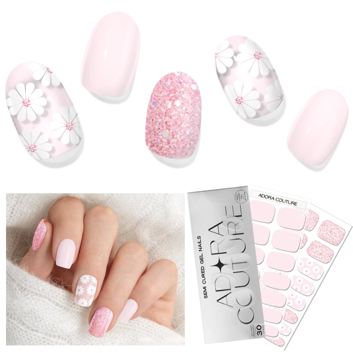 Adora Couture Semi Cured Gel Nail Strips with 30 Pieces - Salon Quality Manicure Kit for Women Easy Application Wraps Includes Prep Pads Nail File Wooden Stick, UV Light Required (Charming Daisy)