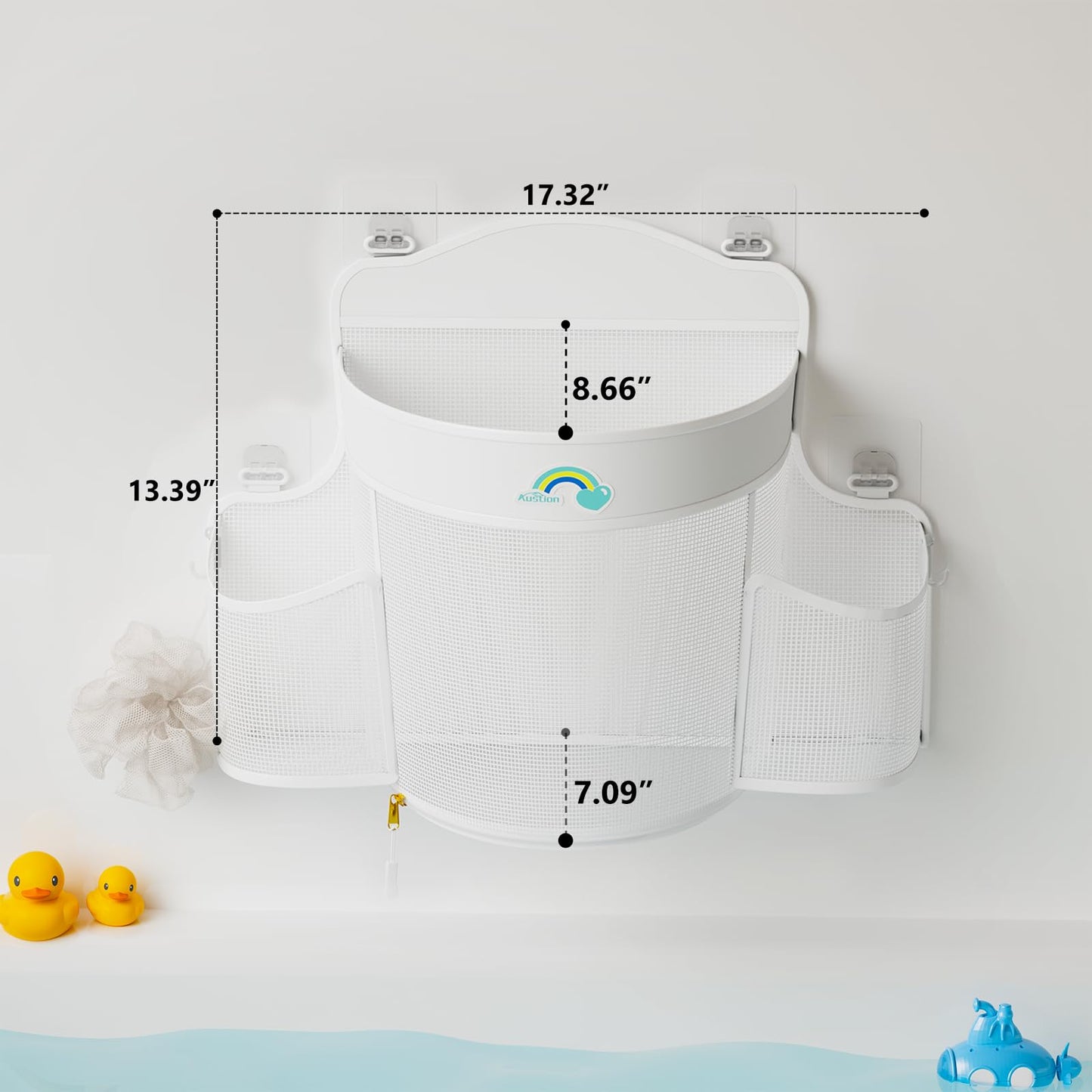 Austion Hanging Bath Toy Storage - Large Opening Quick Dry Mesh Bath Toy Holder with 2 Side Pockets and Bottom Zipper, Space-Saving Bath Toy Organizer for Kids Bathtubs - White