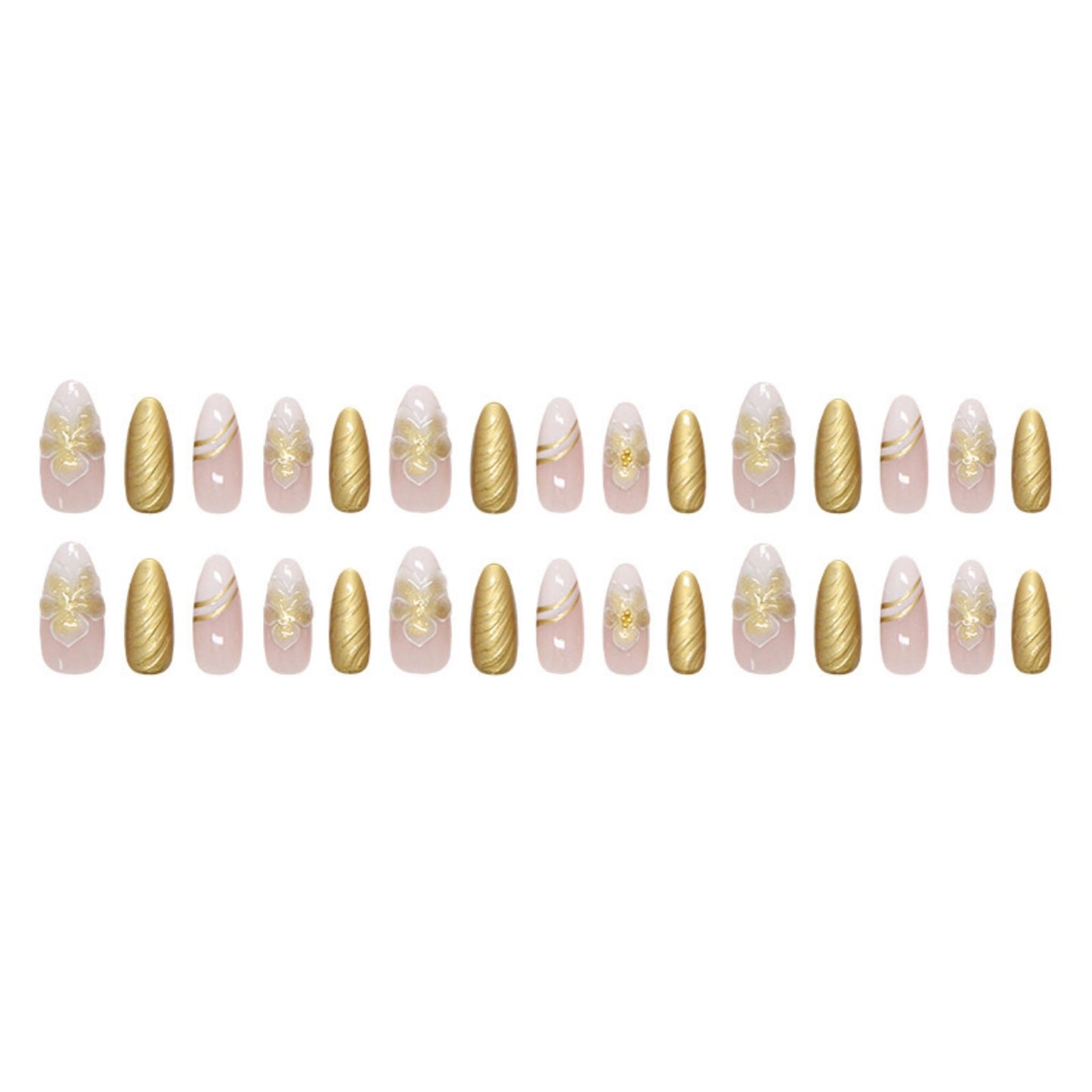 Almond Press on Nails Long Fake Nails Gold Acrylic Nail Press ons Seeneey Flowers Cute Stick on Nail for Women 24pcs