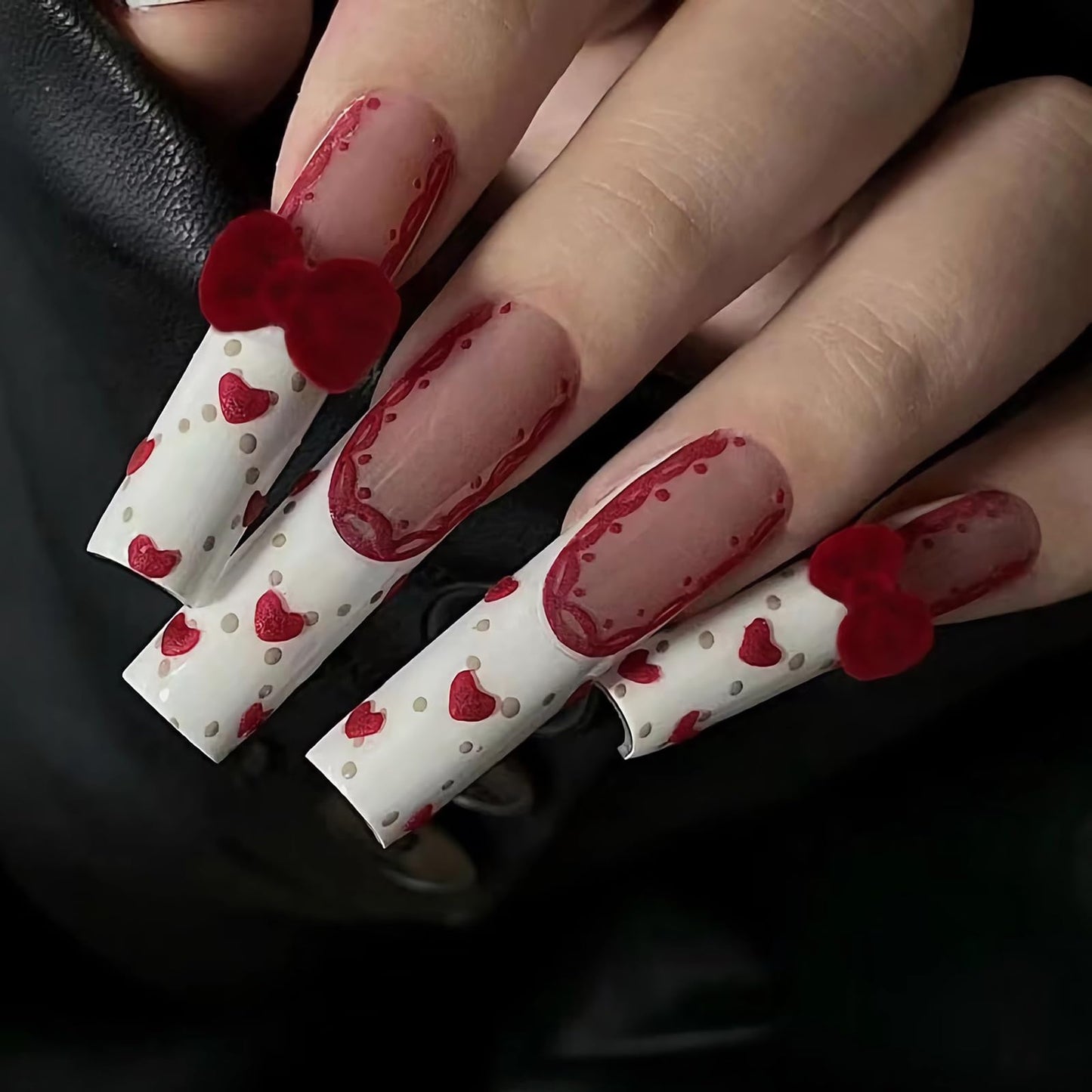 MISUD Press on Nails - Long Square Fake Nails with White French Tip, Acrylic Valentines Heart Design 24 pcs
