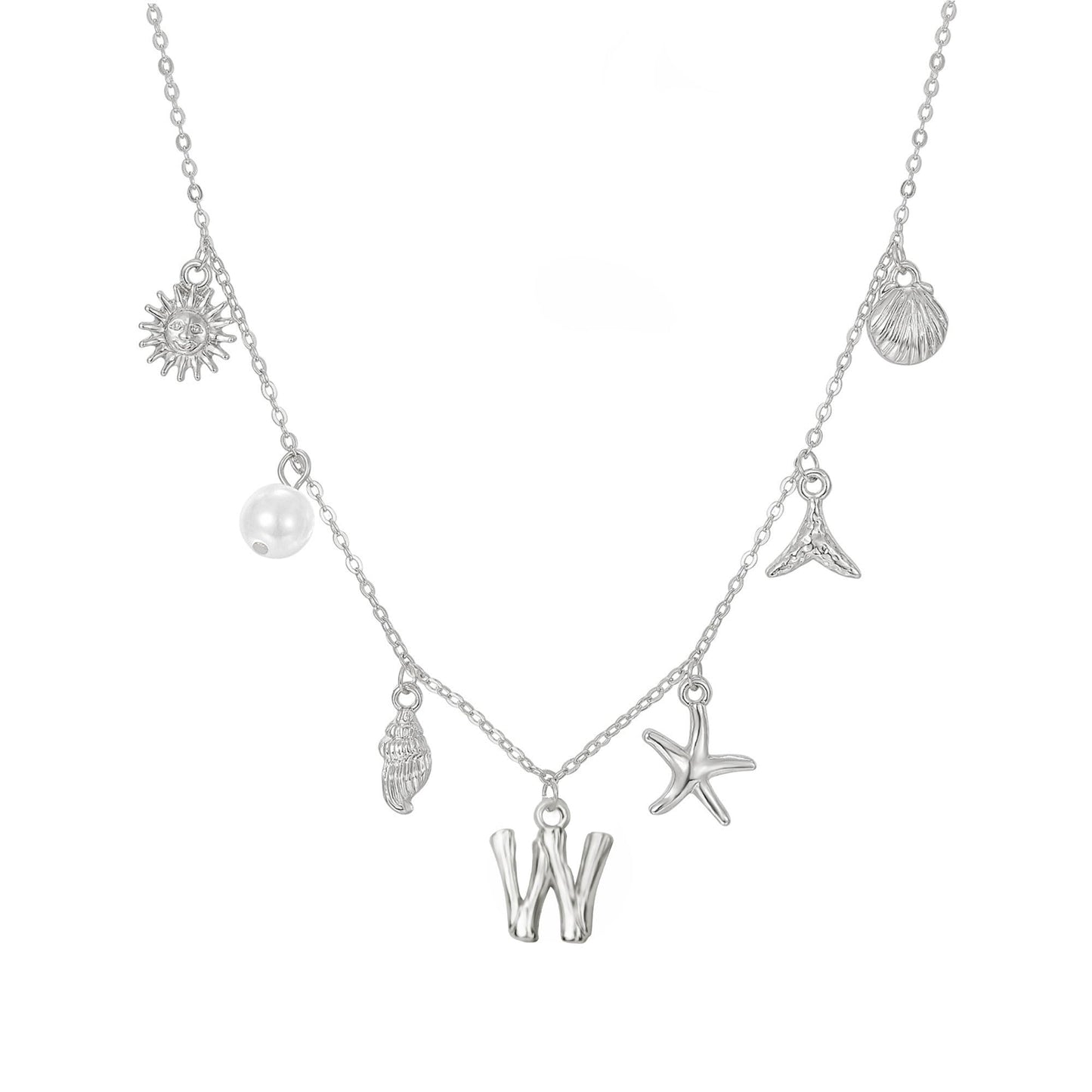 JALZEMPL Initial Charm Necklace For Women Seashell Shell Letter Boho Summer Beach Starfish 14k Gold Plated Silver Pendant Surfer Jewelry Gifts (W,Silver)