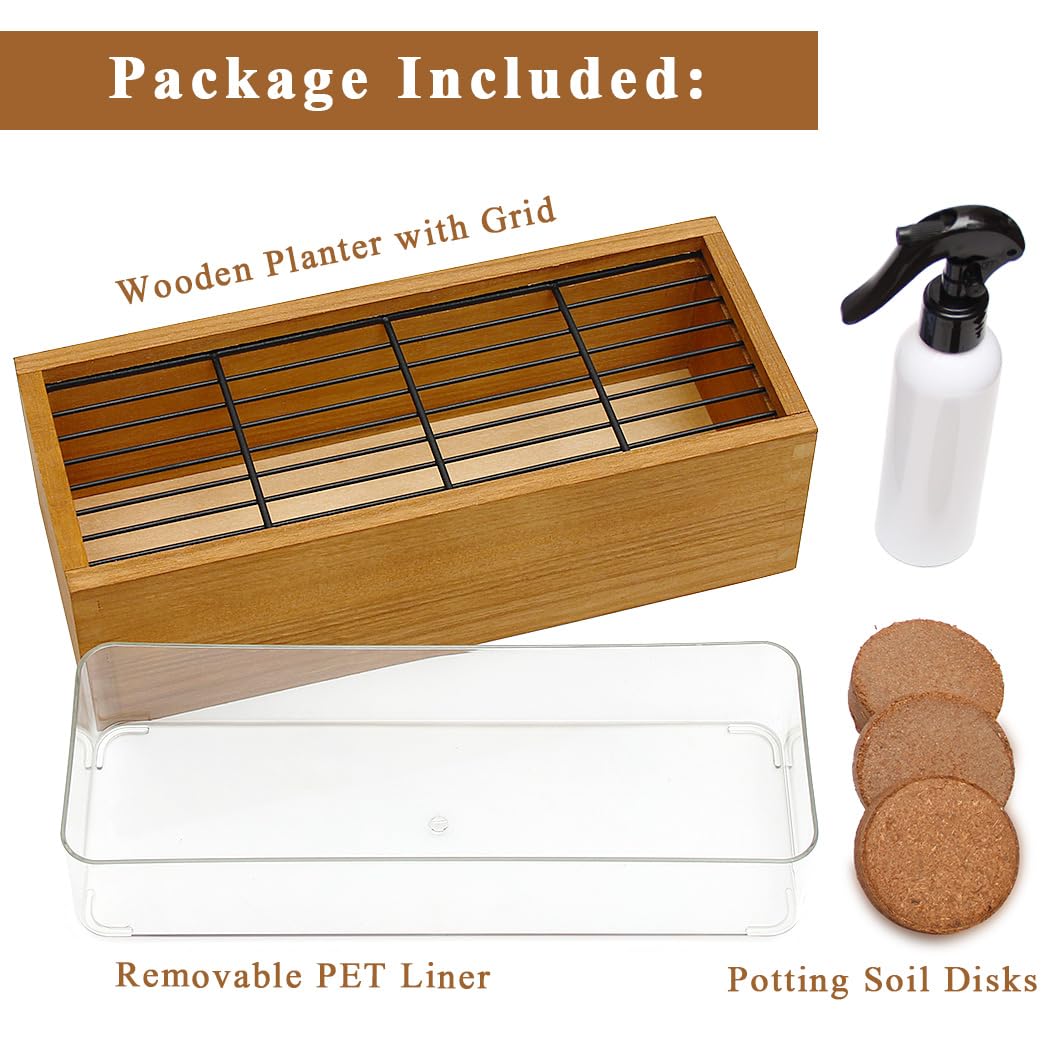 BENPIN Wooden Cat Grass Planter (no Seeds Included) with Potting Soil Disks, Anti-Digging Grid and Removable Plastic Liner, Wheat Grass Growing Pot, Cat Grass Kit for Indoor Cats Pets (Aged Yellow)