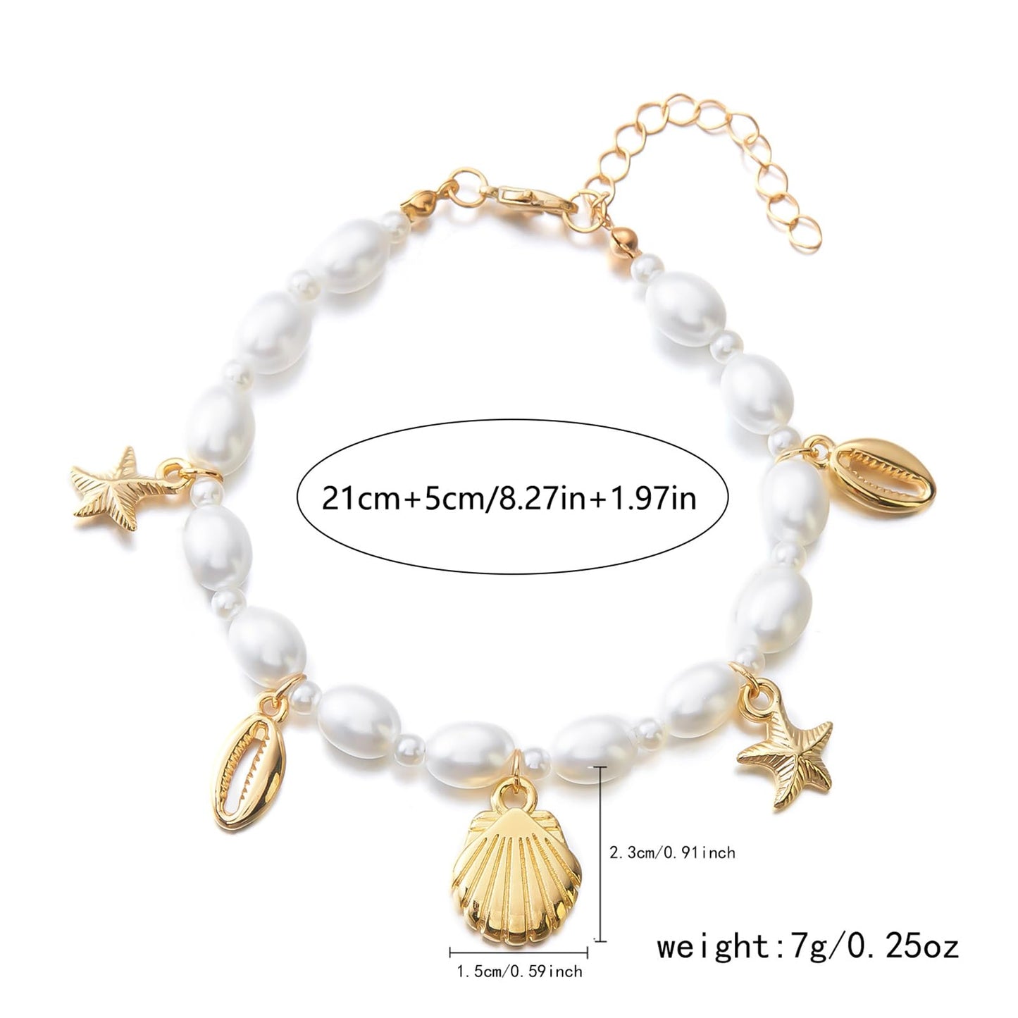 Qceasiy Shell Ankle Bracelet Set for Women, Gold Plated Boho Bead Adjustable Anklet, Hawaiian Beach Seashell Pearl Heart Starfish Conch Foot Jewelry Gifts (Pearl Shell(KC))