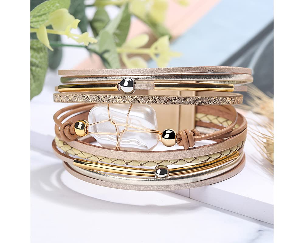 Fesciory Leopard Bracelet for Women, Boho Leather Wrap Multi-Layer Pearl Crystal Bracelet Bangle Jewelry(Leather(Pearl))