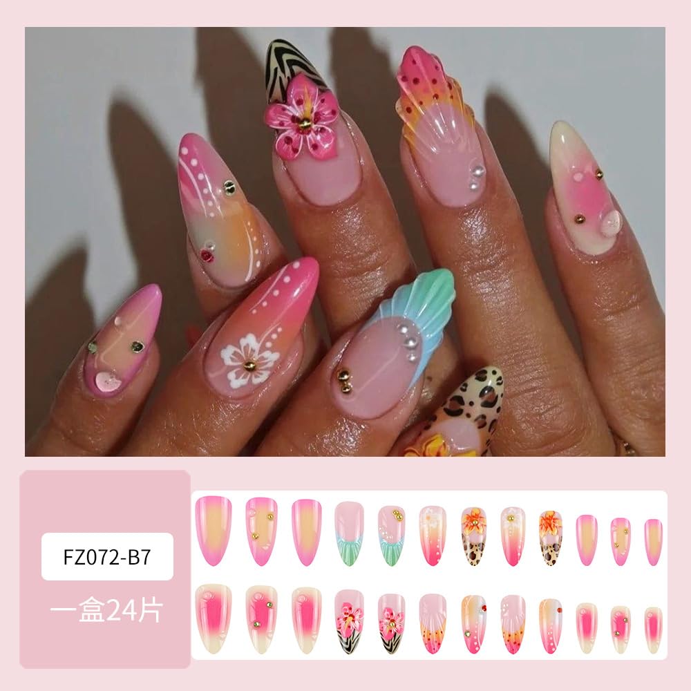 Mkwntg 24Pcs Flower Press on Nails Medium Almond Fake Nails with 3D Gold Beads Pearl Shell Rhinestones Design Blue Leopard Brown French Tip False Nails Pink Ombre Full Cover Stick on Nails for Women