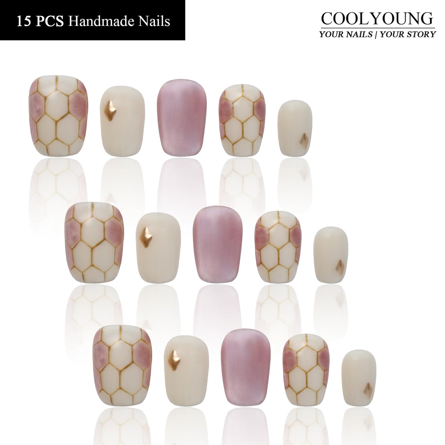 Press On Nails Thick Acrylic Short Nails Handmade Press On Nails Short Square 3D Pink Cat Eye Nails Gifts For Women COOLYOUNG 15 PCS, Size M
