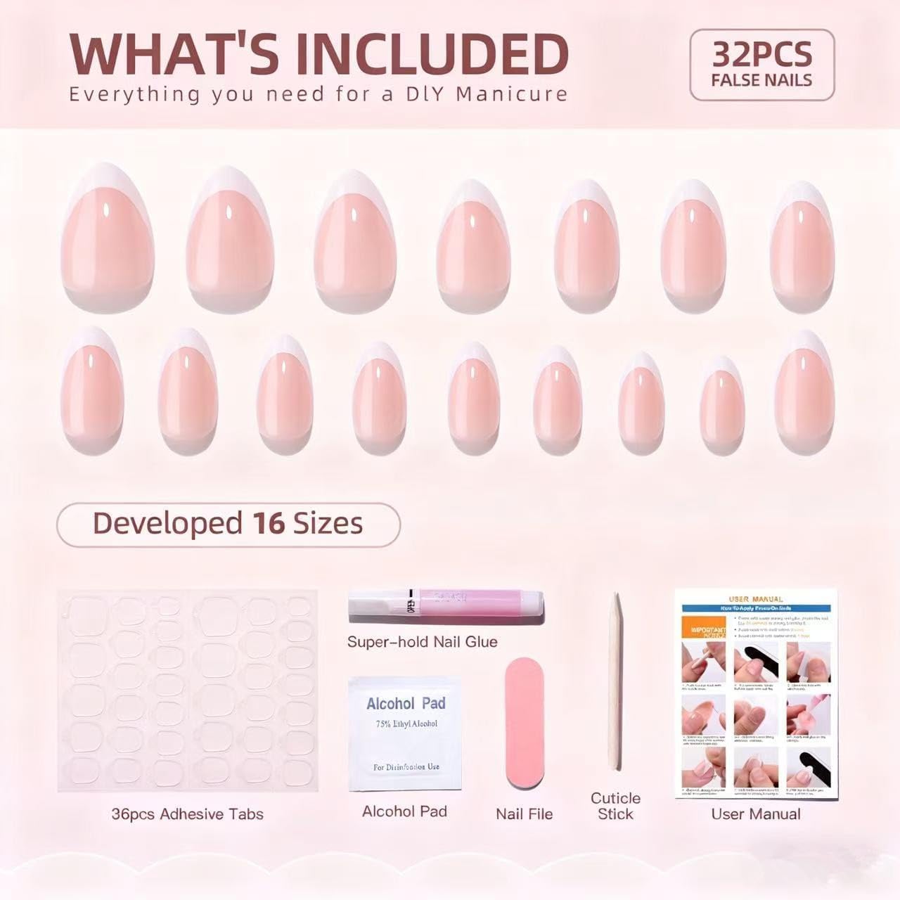 Nude French Tip Short Almond Press on Nails, Classic White Tip Fake Nails Kit with Glue, Reusable Gel Nails for Daily Wear, Date, Office - 32 Pcs & 16 Sizes