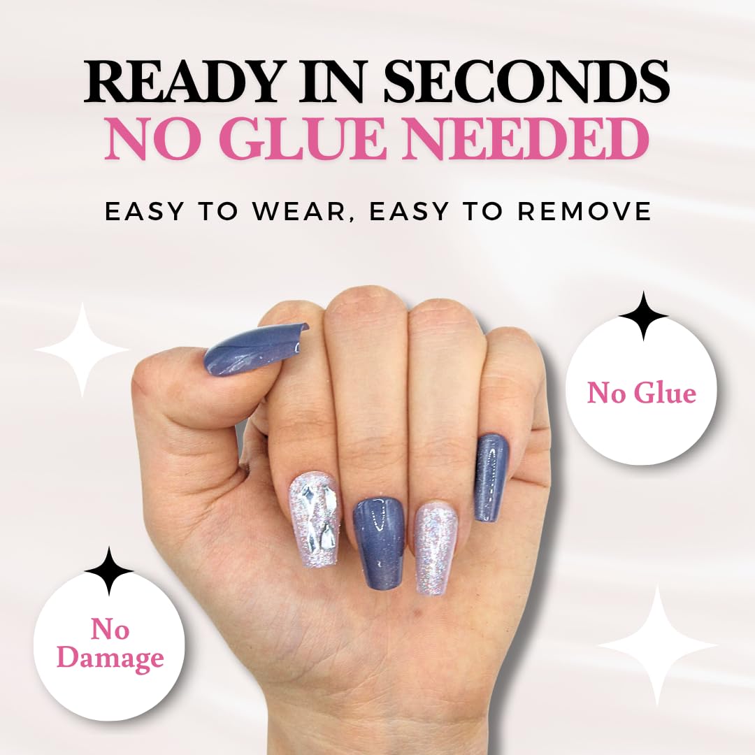 Votrenaeil Press On Nails - Starry Night | No Glue Coffin Navy Nails with Glitter & Shimmer Finish for Party - 24 Pcs Nail Kit with Adhesive Tabs