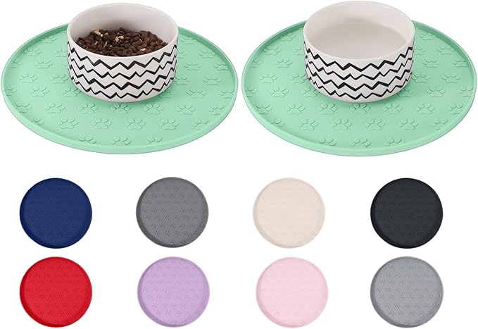 Comtim Waterproof Dog Food Mat - 2 Pack Silicone Pet Food Mat Dog Food Bowl Mats Cat Water Mats Eating Tray, Non-Slip Pet Placemat with Lip for Messy Drinkers to Protect Floor,Dark Grey 11"×11"