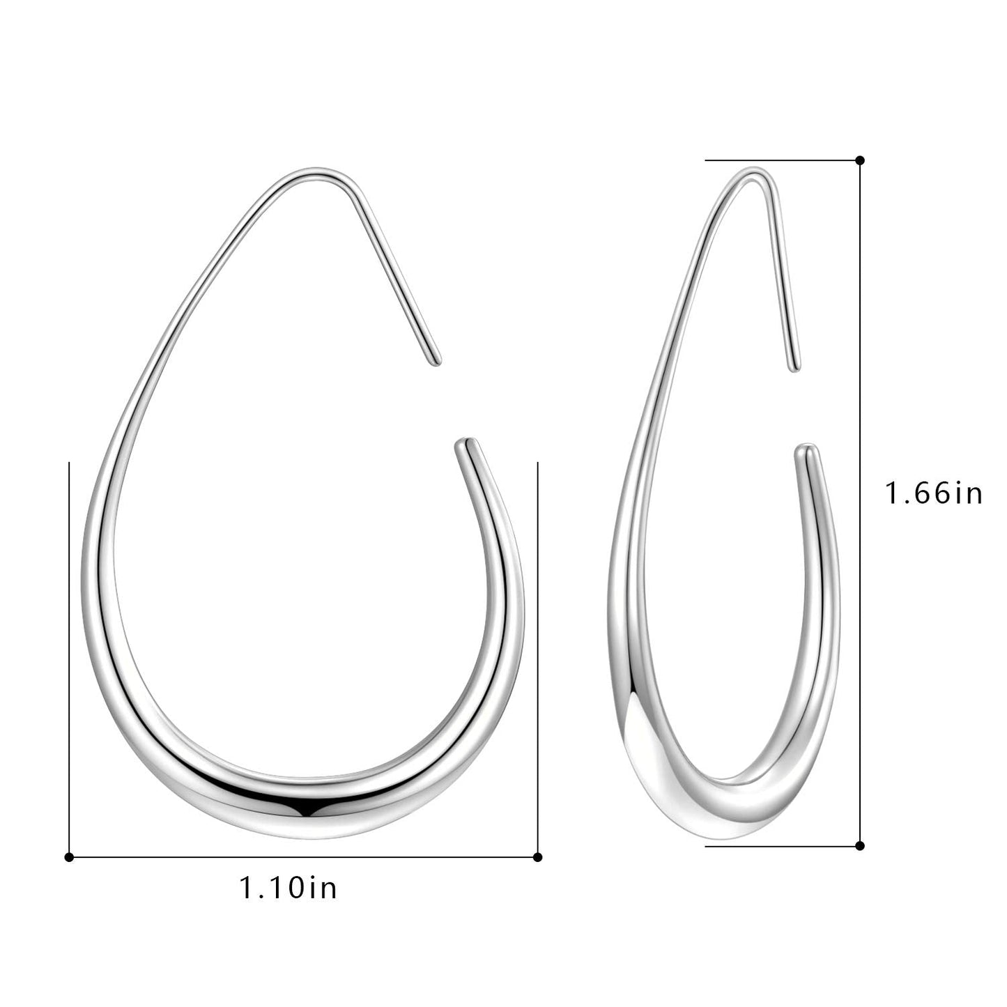 Lightweight Teardrop Hoop Earrings for Women - 14k Gold/White Gold Plated Large Oval Pull Through Hoop Earrings High Polished Statement Jewelry Gift for Women(silver 30 * 18)