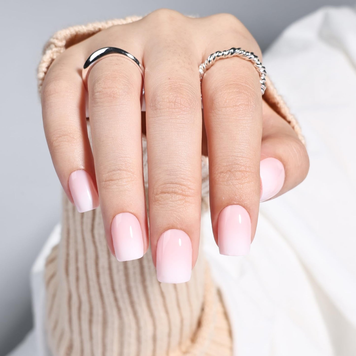 Ombre Press On Nails - Short Square Nude Pink Press on Nails, Glossy Nails Press Ons for Women, Reusable Fake Nails Kit with Glue, 30 Pieces in 15 Sizes