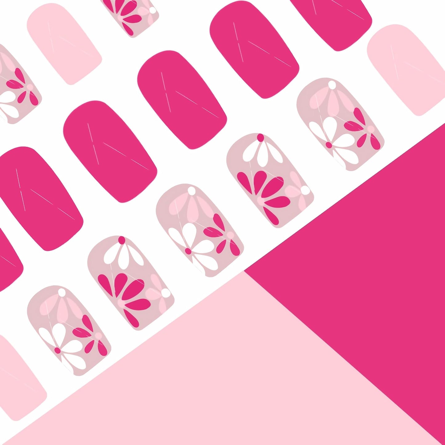 BABALAL Acrylic Press on Nails Short Square Fake Nails Hot Pink Glue on Flower Summer False Nails 24Pcs Squoval Manicure Stick on Coquette Artificial for Women and Girls