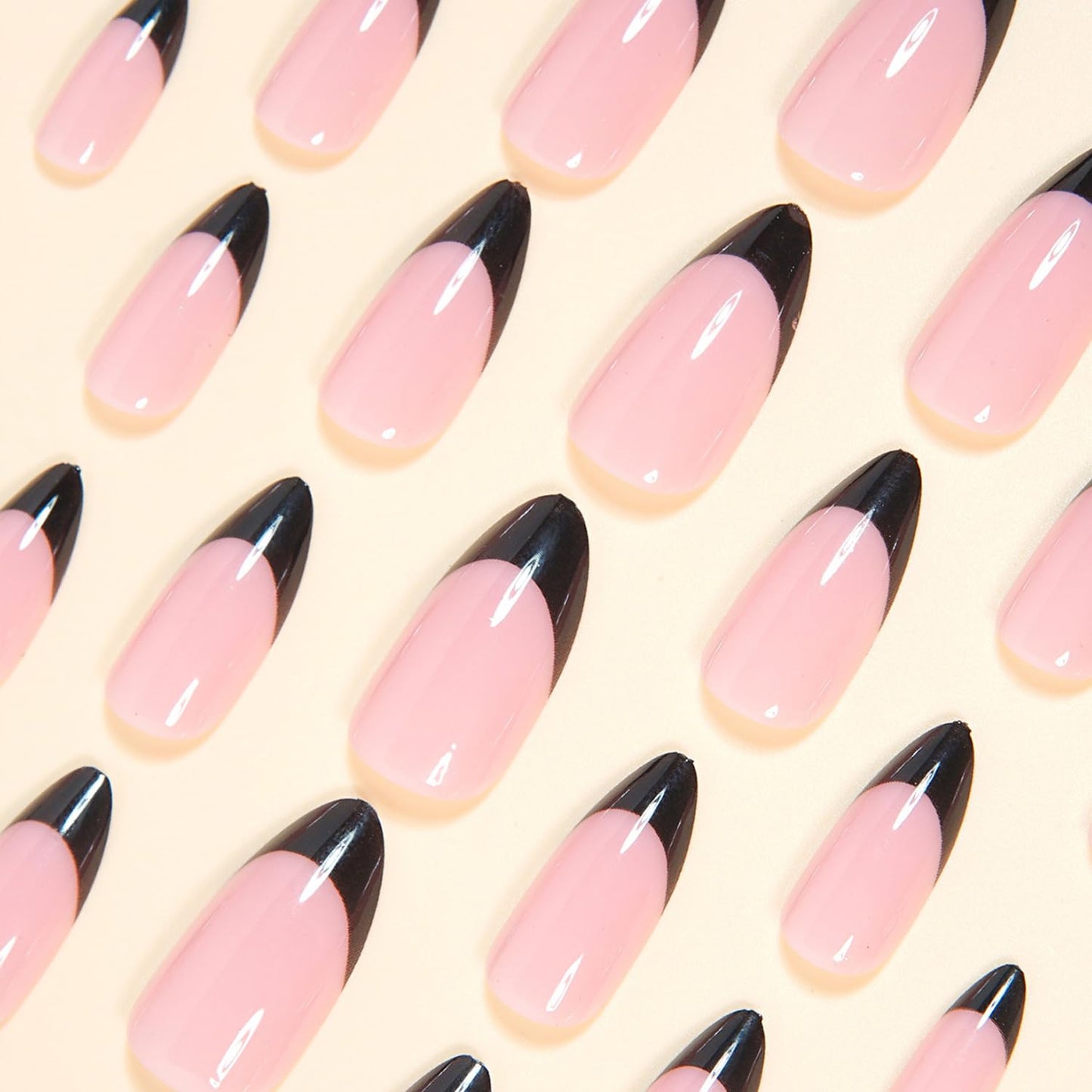 24Pcs Black Press on Nails with French Tip Design, Glossy Medium Almond Fake Nails French Nail Tips Solid Color Stick on Fingernails Nude False Nail Cute Exquisite Elegance Fashion Simple for Women