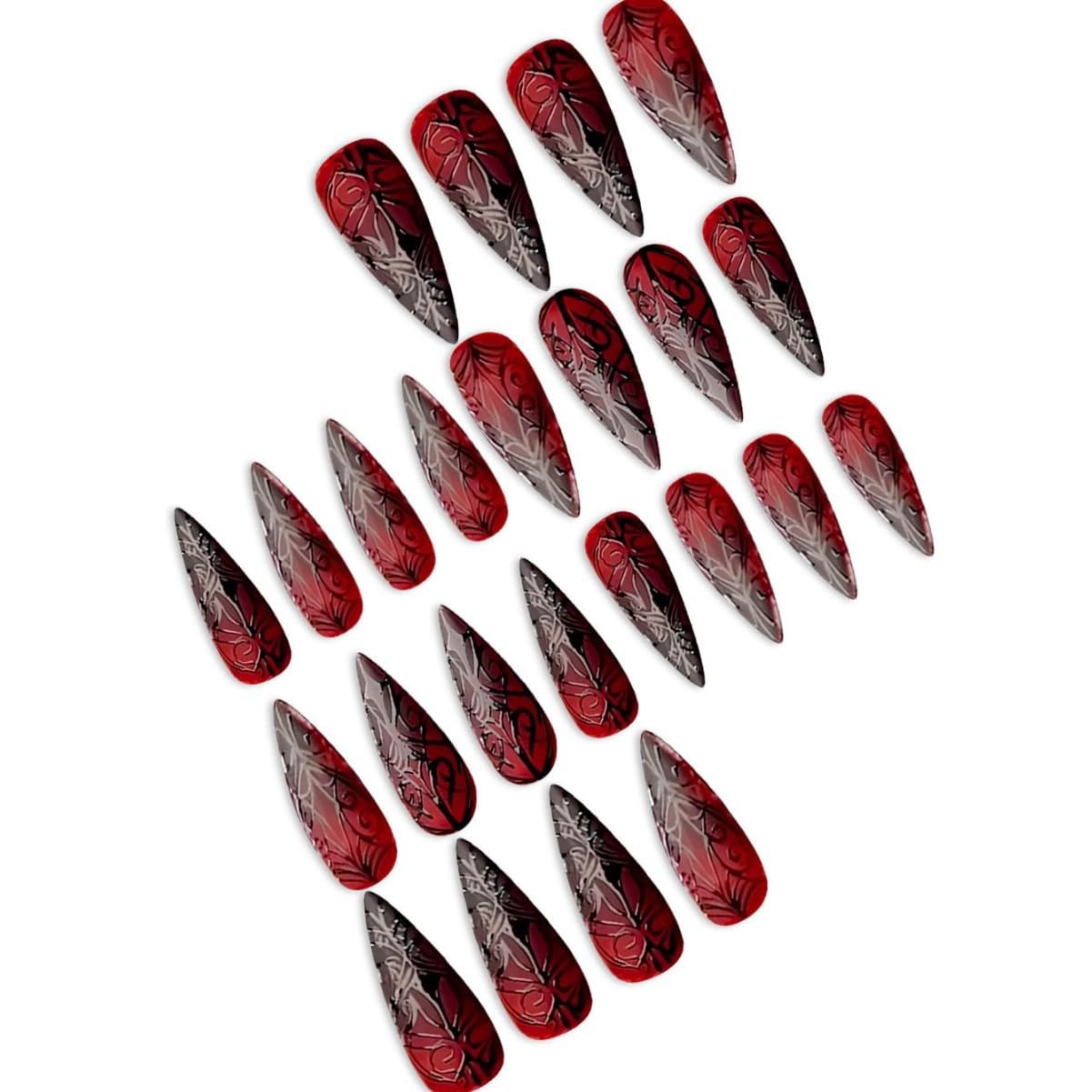Halloween Goth Press on Nails Medium Stiletto Almond Fake Nails with 3D Stripe Designs Red Halloween Acrylic False Nails Full Cover Reusable Stick on Nails for Women Girls 24Pcs