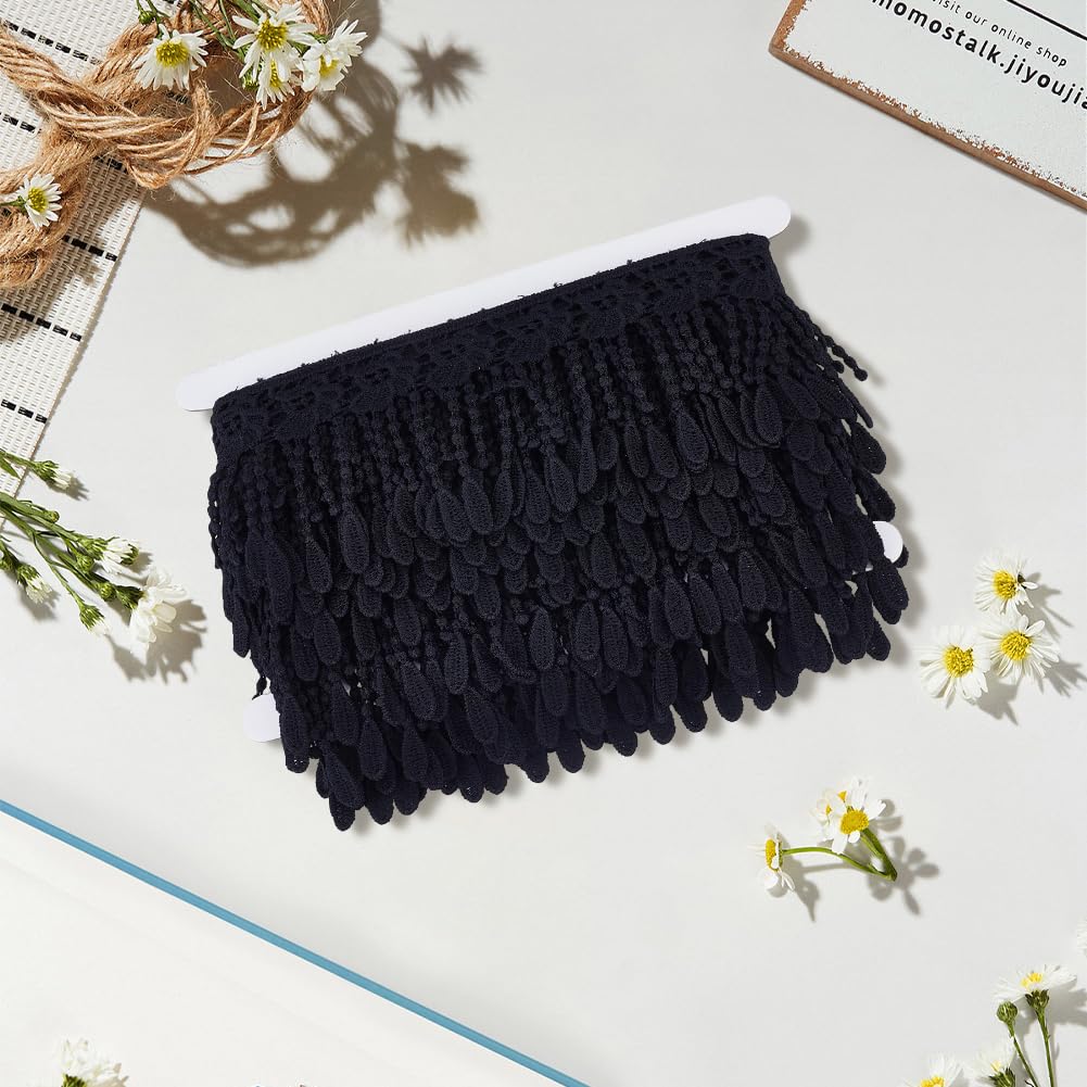 CABODYALS 5 Yards 3 5/8 Inch Wide Black Lace Fringe Trim Embroidery Trimmings Braid Fabric Polyester Crochet Floral Tassel Durable Ribbons for Sewing Making Dress Curtain Wedding DIY Craft Supply