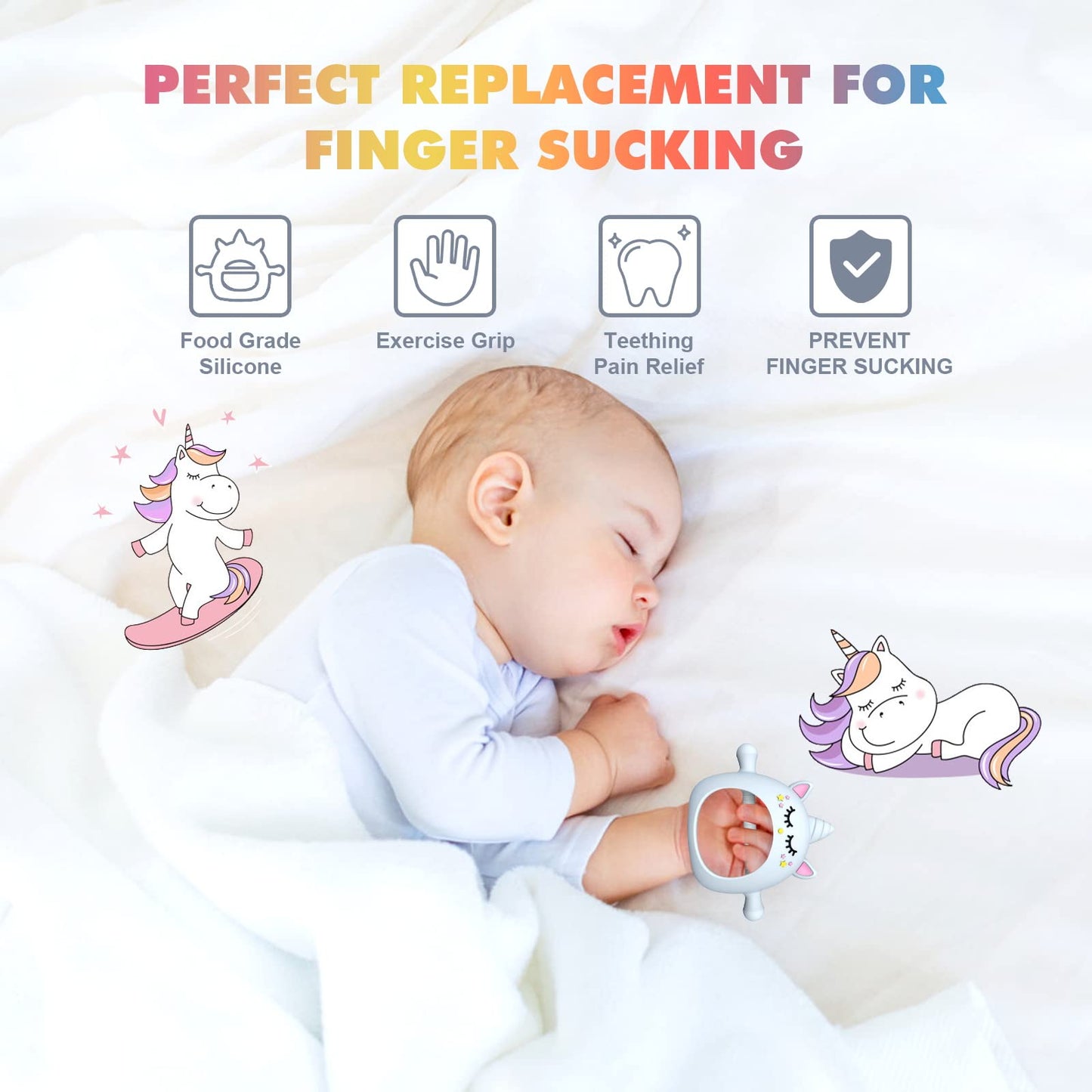 Teething Toys for Babies 0-6 Months, Tinabless Unicorn Never Drop Silicone Teether for Babies 6-12 Months, Hand Pacifier for Breast Feeding Baby, Baby Chew Toys Freezer Safe for Newborn, Blue