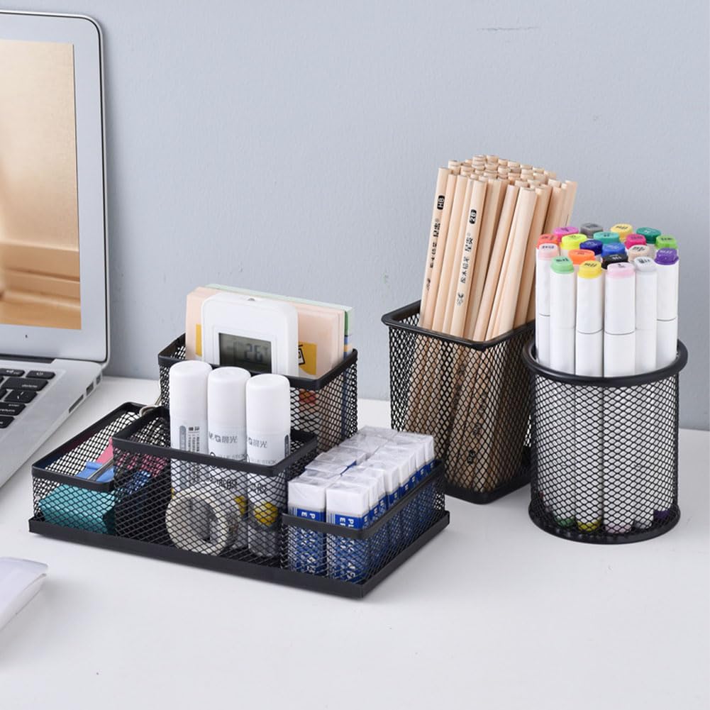 koofull Desk Organizer Desktop Mesh Pen Pencil Holder Caddy with 4 Compartments, Office Home School Classroom Accessories Cool Supplies