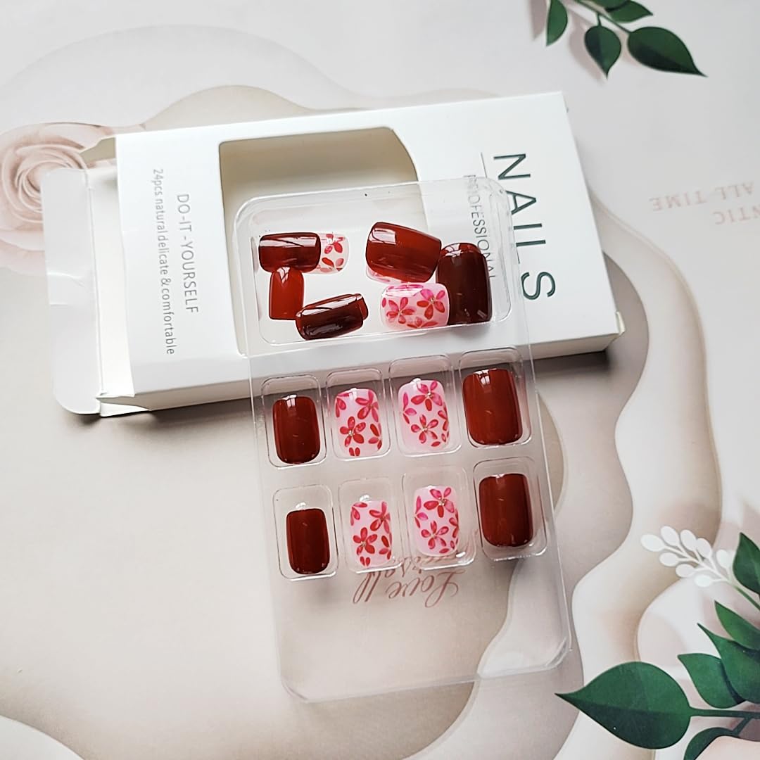 CEWEWP 24Pcs Wine Red Press on Nails Extra Short Nude Flowers Fake Nails with Glitter Flowers Design Full Cover Winter False Nail Square Shape Glue on Nails Acrylic Glossy Stick on Nail for Women