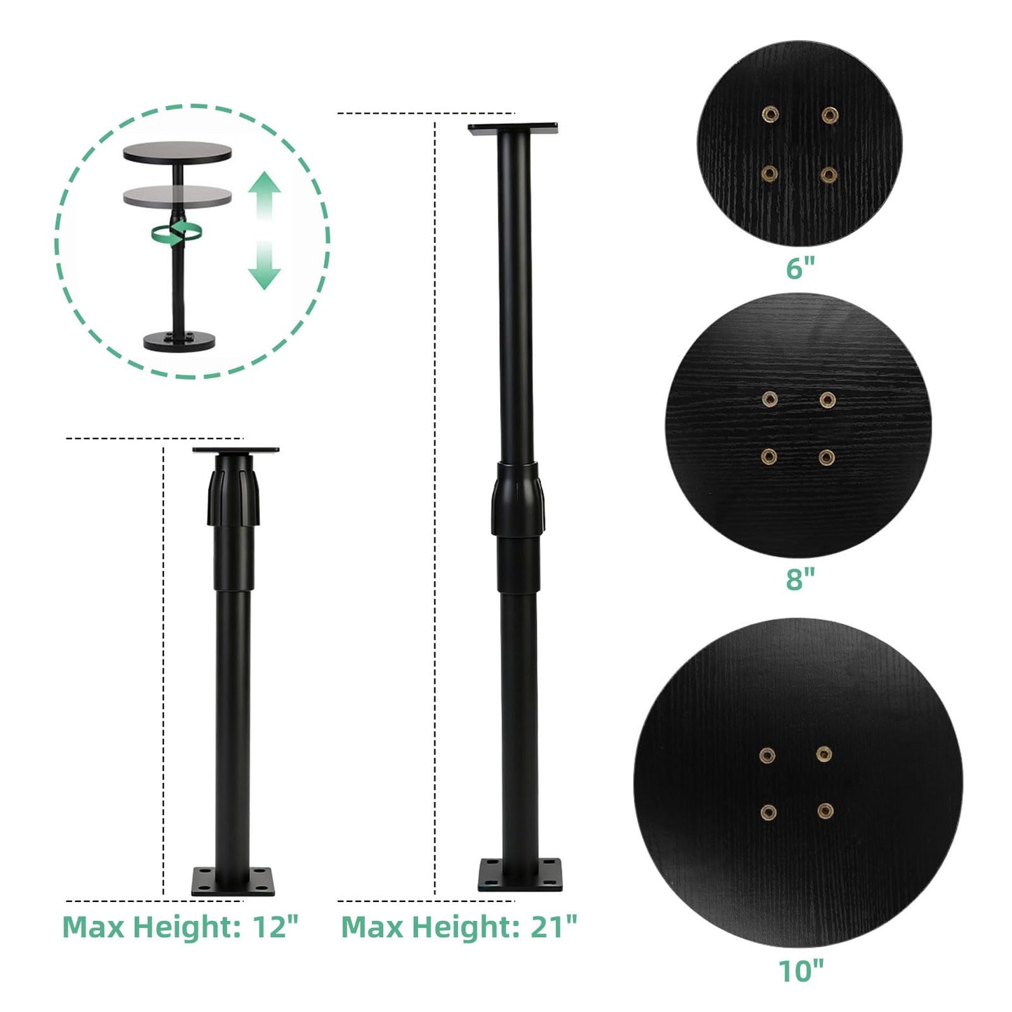 Plant Stand, Plant Risers for Inside Pots, Adjustable 12-21" with 3 Interchangeable Bases 6" 8" 10" - Metal Lifter for Tall Square Round Tapered Pots, Pot Filler Insert for Indoor Outdoor Garden, 2 PCS