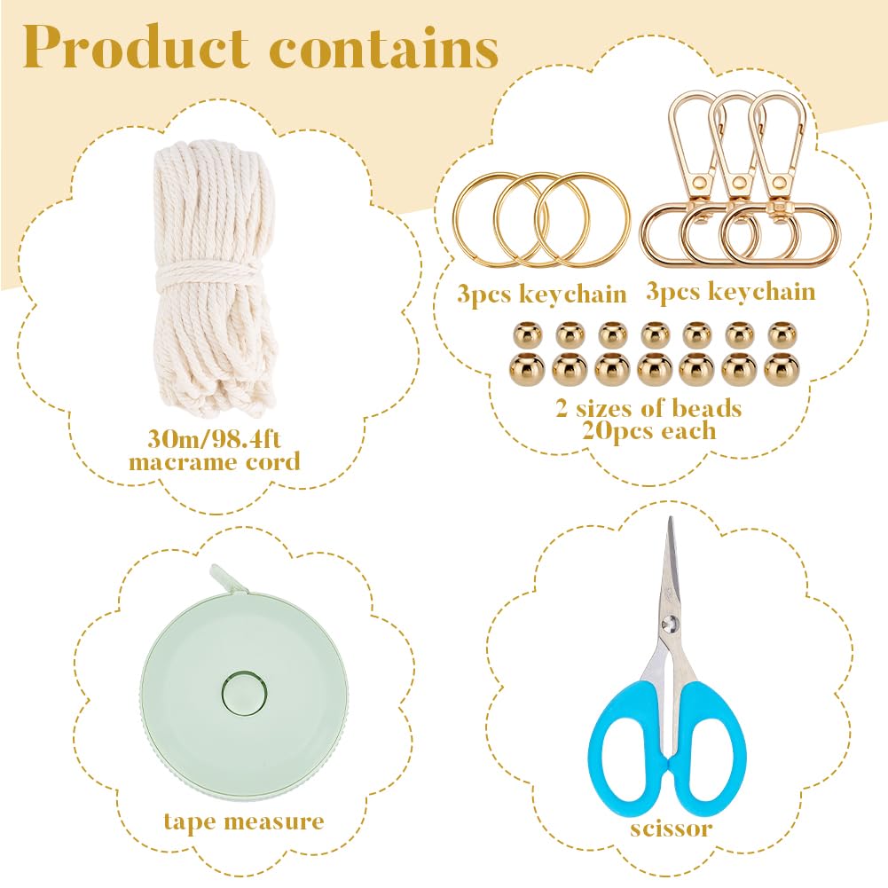 INFUNLY 6pcs DIY Macrame Keychain Kits with Golden Beads Boho Keychain Making Kit for Adult Beginner with Instruction DIY Crafts Projects Handmade Keyrings Knotting Set for Car Key Phone Wallet