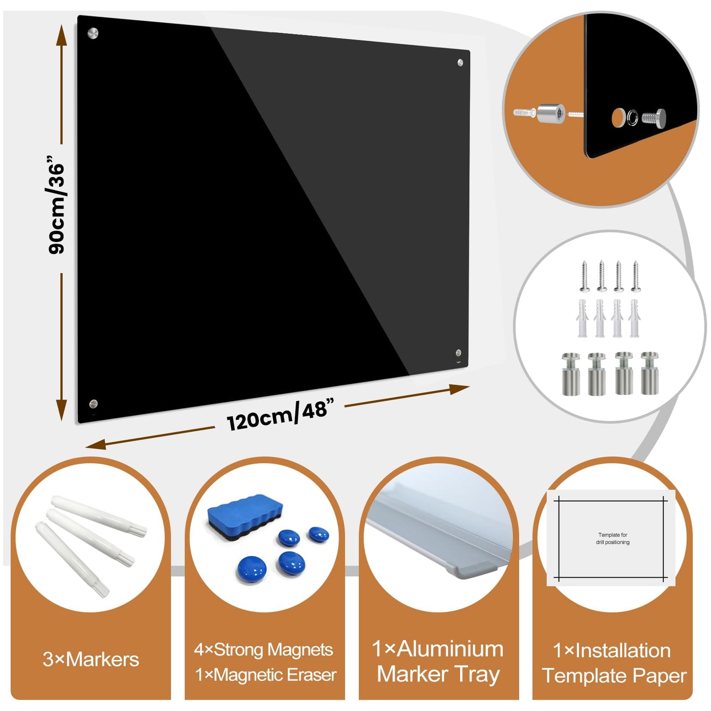Glass Magnetic Dry Erase Board 48"x 36", Glass Blackboard for Wall Frameless Magnetic Blackboard for Office Home School