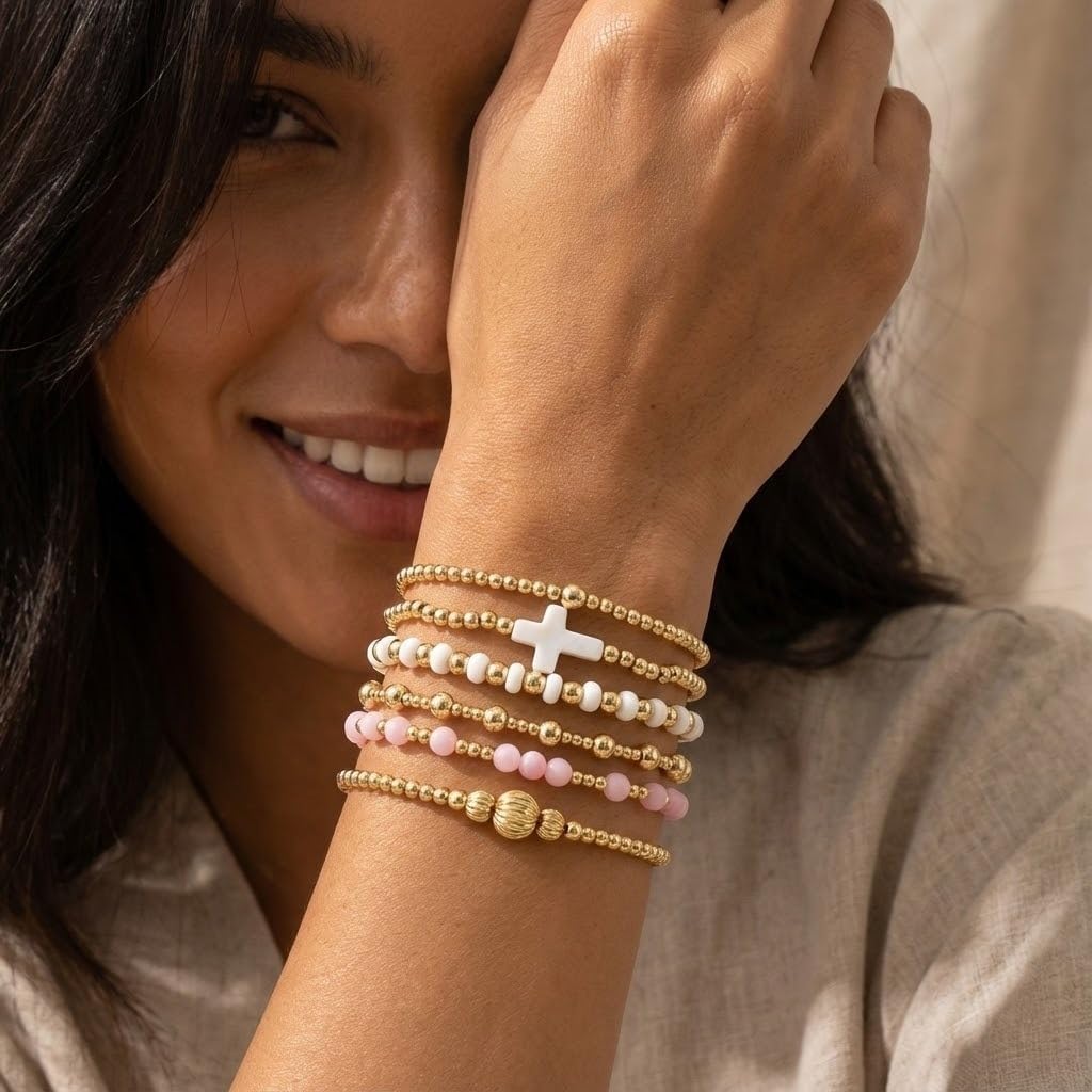 Bohxantium 14K Gold Beaded Bracelets for Women Boho Colorful Gold Beads Ball Stackable Stretch Christian Cross Bracelet Stack Waterproof Trendy Non Tarnish Jewelry Accessories Friendship Gift