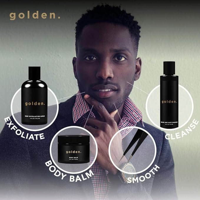 Golden Grooming Co. Men's Bath & Body Gift Set | Exfoliating Face Scrub, Face Wash, Lip Balm, Body Wash & 2-in-1 Beard & Hair Shampoo | Complete Grooming Kit for Men