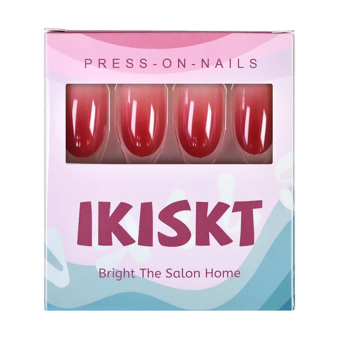 IKISKT Press On Nails - Brownish Red Tips | White Clear Gradient l UV Medium-short Round Shape False Fake Nails, Reusable Summer Glue | 10 Sizes - 24 Nail Kit