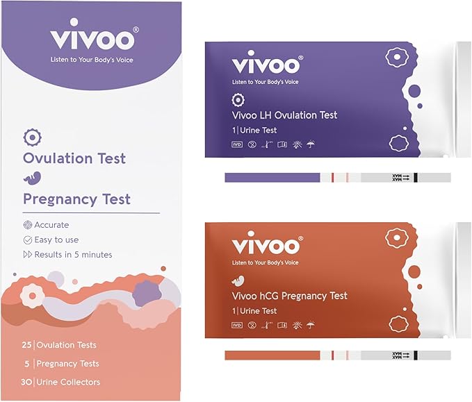 Vivoo Ovulation and Pregnancy Test Kit: Track Your Cycle and Test Results with Vivoo App, Includes 25 Individually Wrapped Ovulation (LH) Tests, 5 Pregnancy (HCG) Tests with 30 Cups