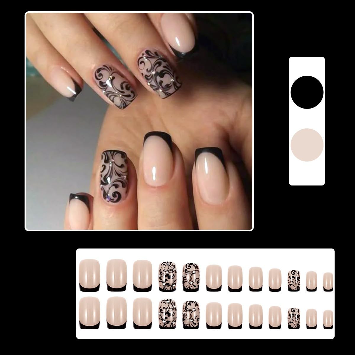 24 Pcs Press on Nails - Black French Tip with Elegant Swirl Design & Rhinestones - Glossy Reusable False Nails Kit with Nail File and Glue Adhesive Tabs