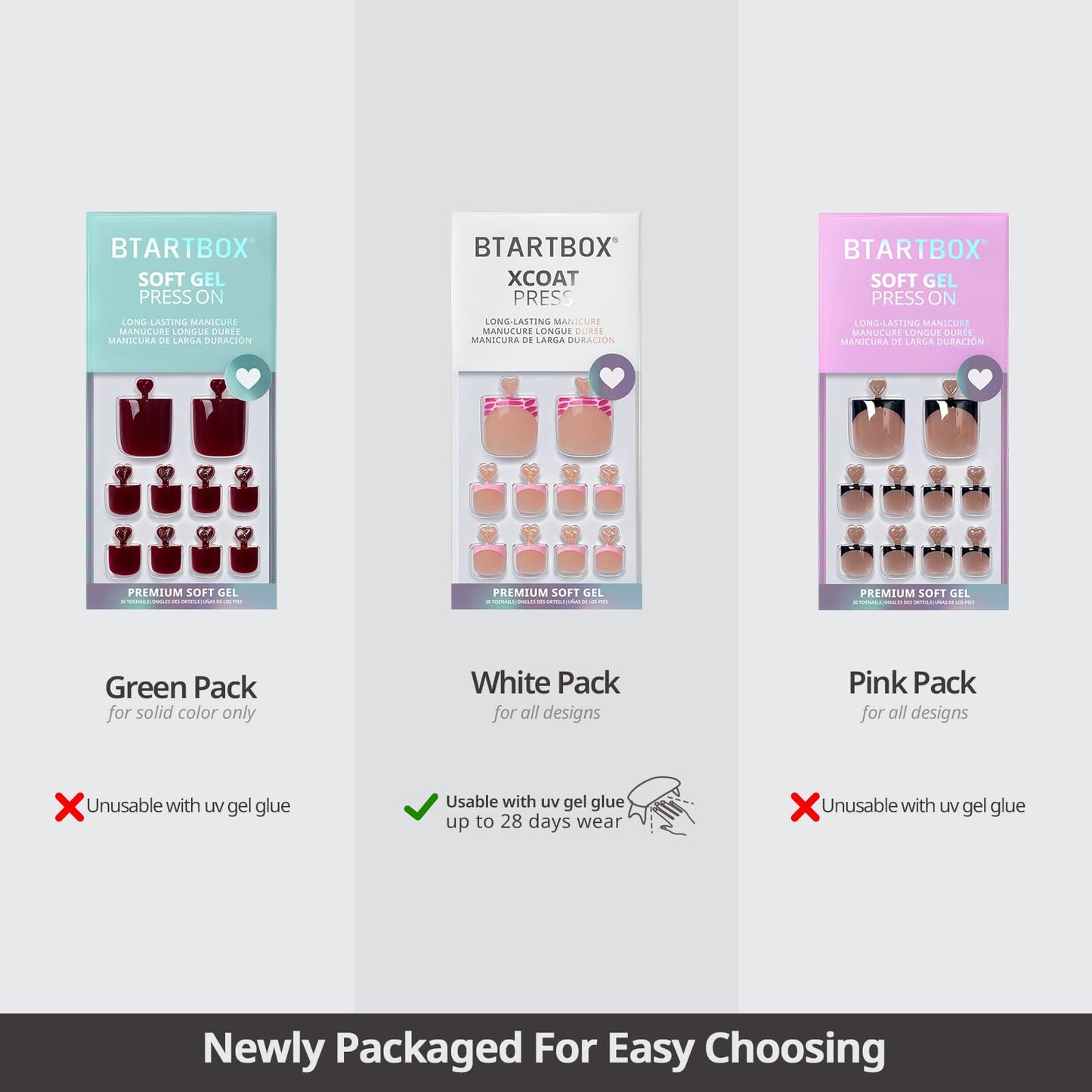 BTArtbox Press On Toenails - First Step, Easy-to-Apply Pastel Light Purple Short Square Toe Nail Press Ons with Glue and Adhesive Tabs in 15 Sizes - 30 Toenails All-in-One Kit