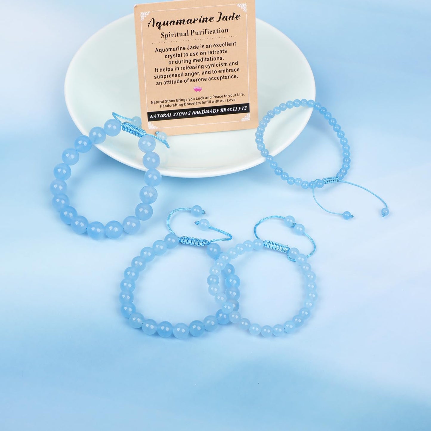 AD Beads 4mm Aquamarine Jade - Spiritual Purification - Handmade Natural Stone Crystal Bracelet with Adjustable Macrame String - Yoga Healing Power Energy Gifts for Men and Women