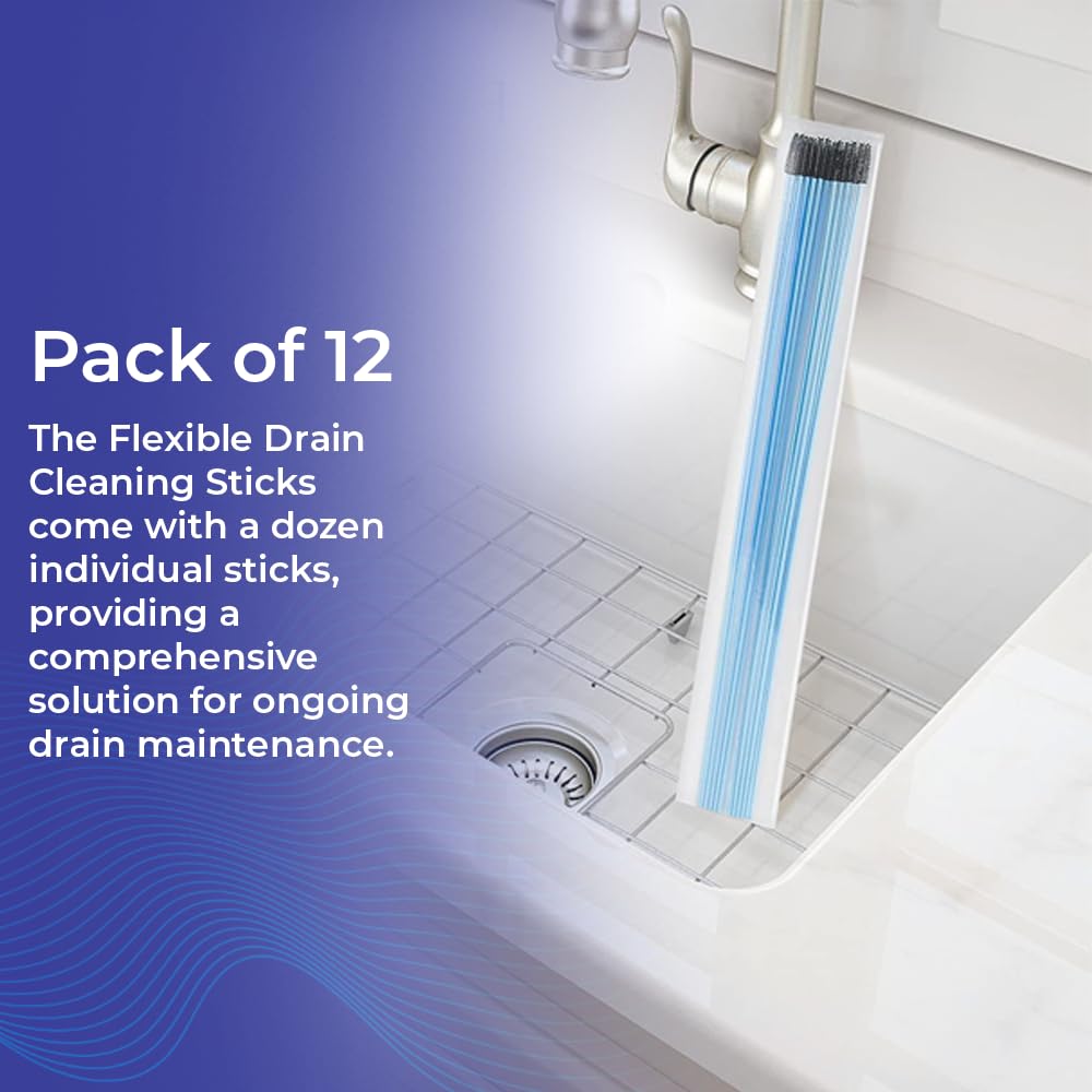 SAGEFINDS Flexible Drain Cleaning Sticks | Quickly Removes Clogs | Effective in Sinks, Tubs, Showers |Easily Pulls Out Hair and Filth | Long 19.5” Handle | Disposable | 12 Pack