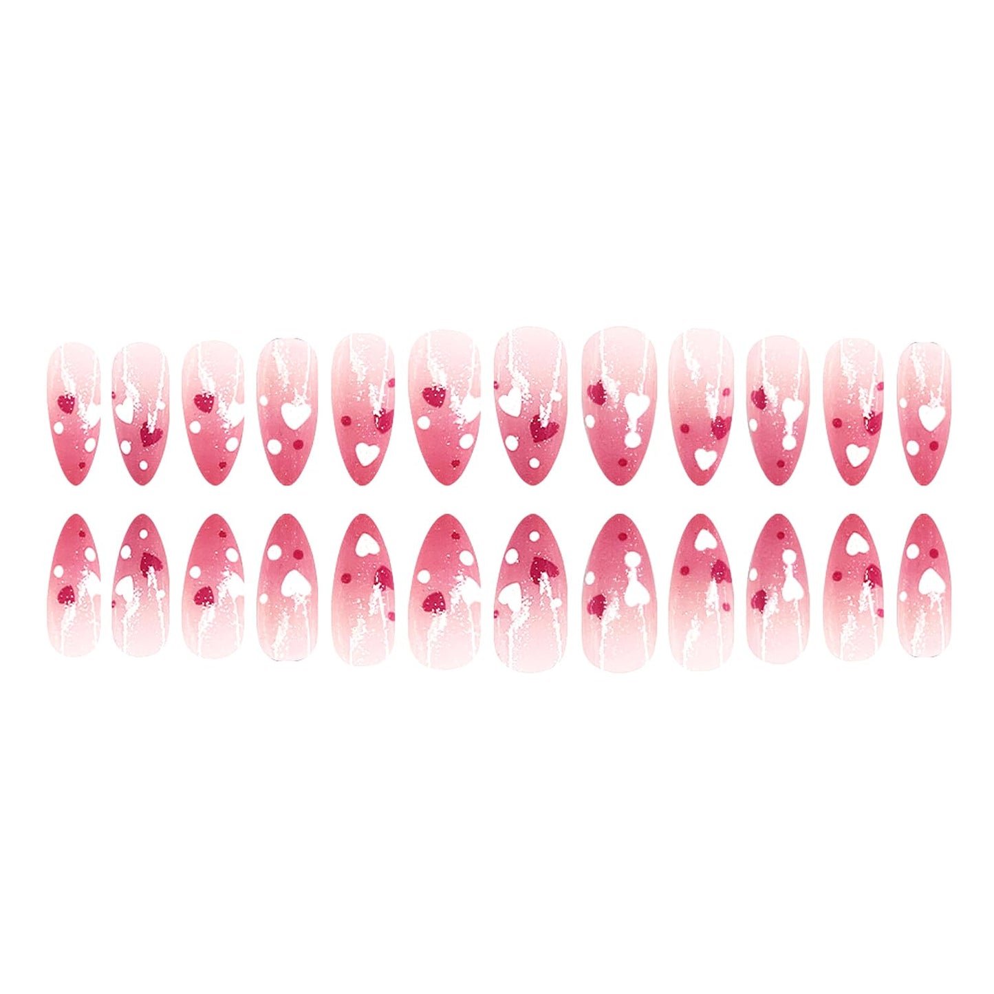 24Pcs Valentines Press on Nails Medium Almond Fake Nails Heart Polka Dots False Nails Glitter Sequins Full Cover Pink Smudge Glossy Reusable Holiday Gel Acrylic Stick on Nails for Women Manicure Decor