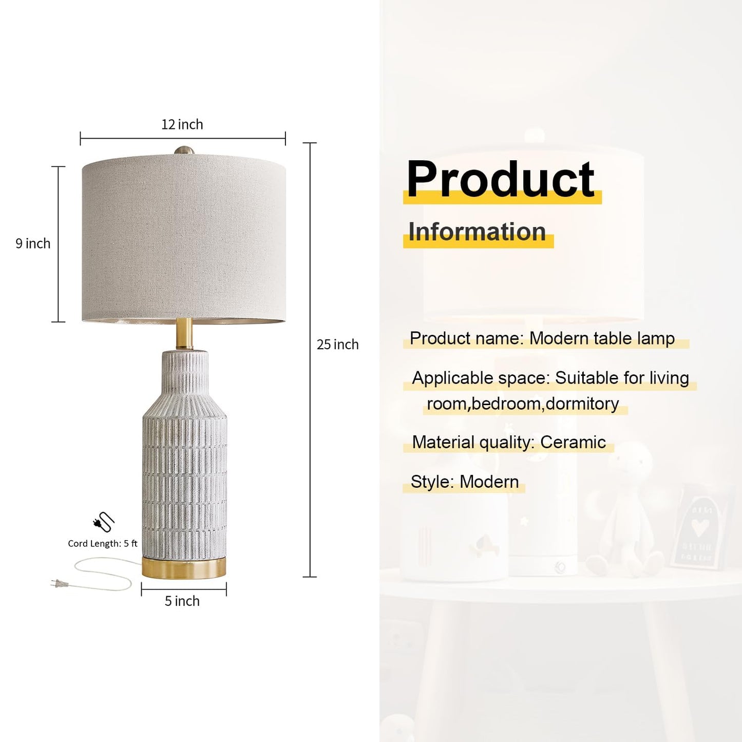 USumkky 25" Table Lamps Set of 2 - Modern Bedside Lamps for Living Room - White Washed Ceramic Nightstand Lamps for Bedroom