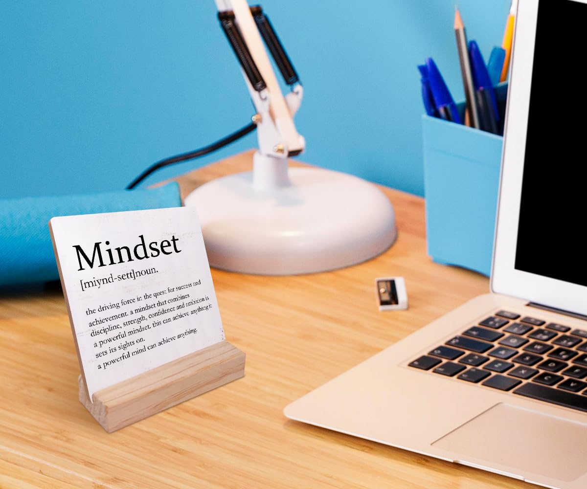 Mindset Definition Wood Plaque with Wooden Stand,Motivational Wooden Plaque Sign Desk Decor for Home Office Table Shelf Decorations