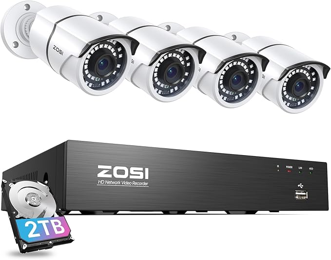 ZOSI 8CH 4K PoE Home Security Camera System, 8 Ports 16CH 8MP NVR with 2TB HDD, 4pcs 5MP Outdoor PoE IP Cameras, 120ft Night Vision, Motion Detection, Remote Access, for 24/7 Recording