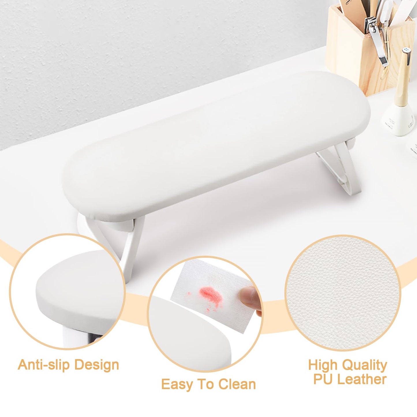 Subay Nail Arm Rest, Foldable PU Leather Nail Hand Rest for Acrylic Nails Cushion Hand Holder, Nail Hand Pillow Nail Art Accessories Tool for Manicure Salon Use - White