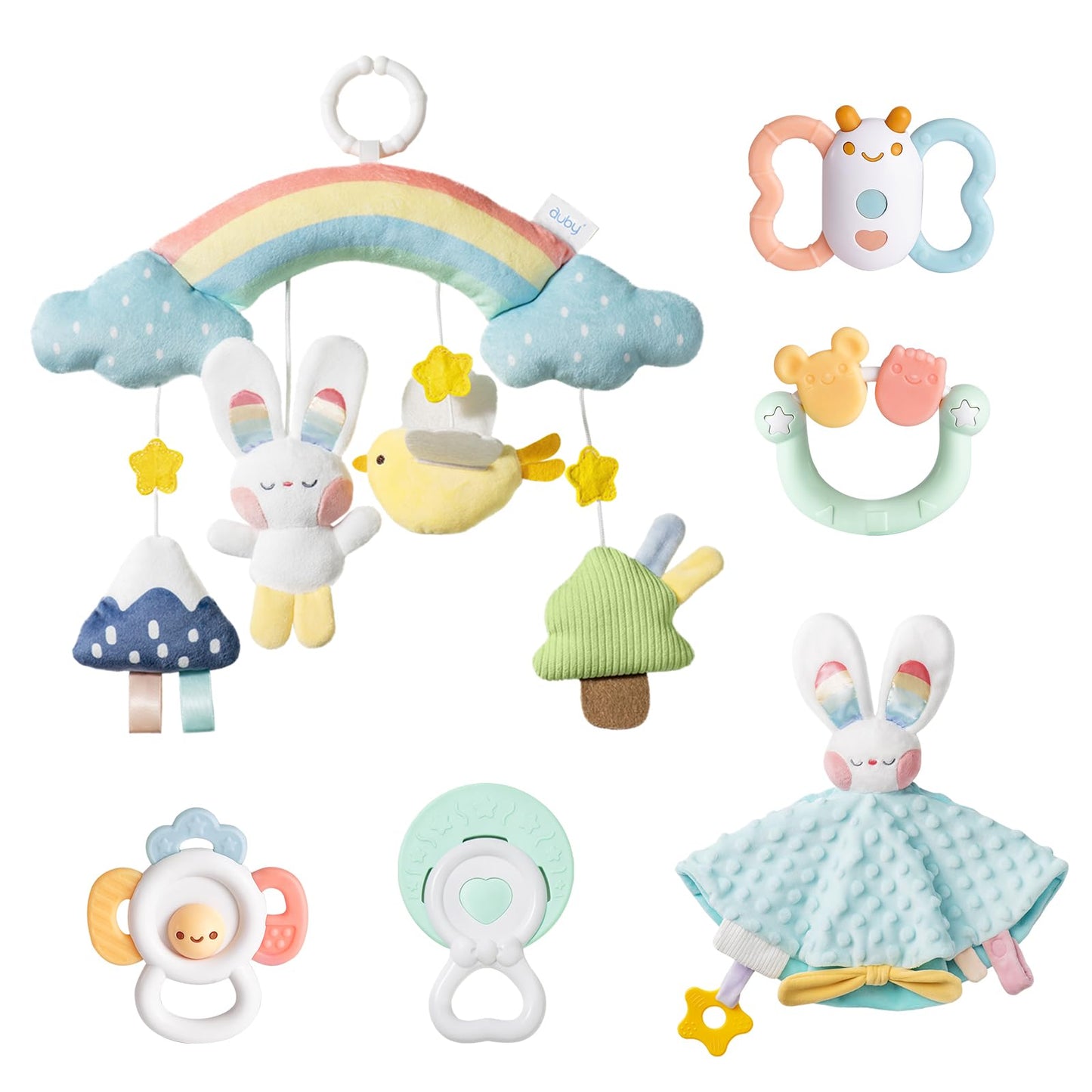 auby Cozy Bunny Newborn Gift Set - 6-in-1 Baby Soothing Essentials with Teethers, Plush Blanket & Hanging Toys for Crib,Stroller,Sensory Development,Machine Washable