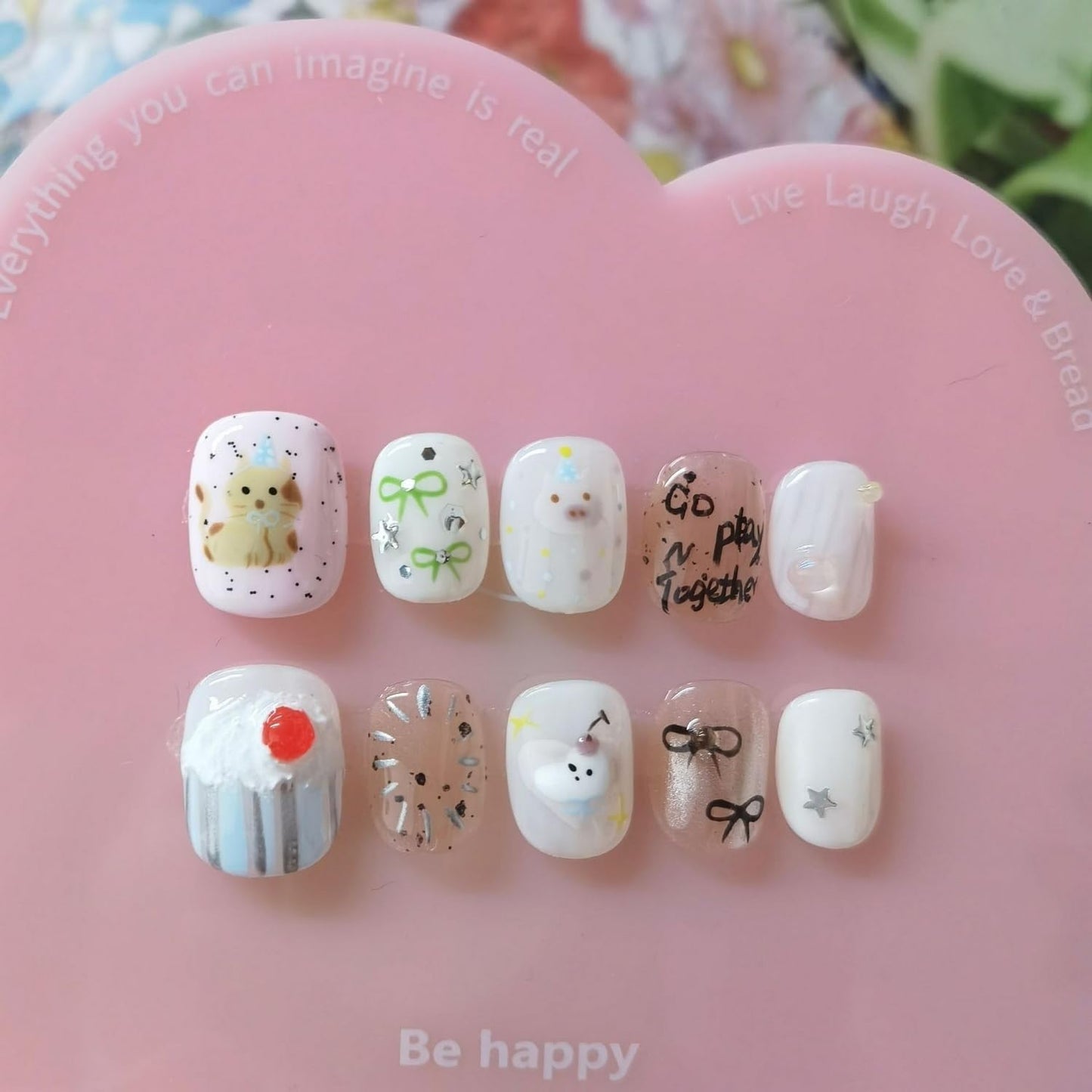 Cute Handmade Press on Nails Extra Short Square 3D Unique Reusable ABS Material Luxury Fake Nails Cat False Nails with Designs Cupcake Pig Art Glossy Glue on Nails Thick Acrylic Nails(S)